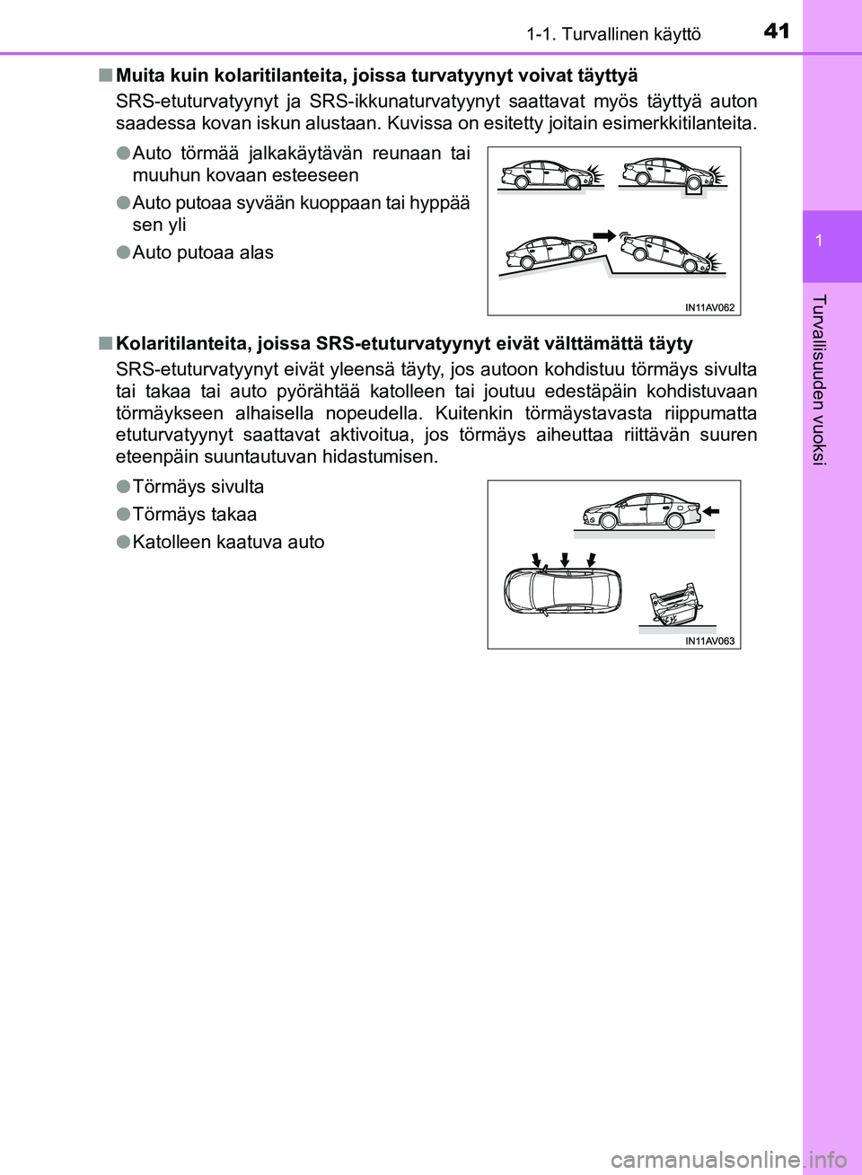 TOYOTA AVENSIS 2018  Omistajan Käsikirja (in Finnish) 411-1. Turvallinen käyttö
1
OM20C79FI
Turvallisuuden vuoksi
nMuita kuin kolaritilanteita, jo issa turvatyynyt voivat täyttyä
SRS-etuturvatyynyt ja SRS-ikkunaturvatyynyt saattavat myös täyttyä a