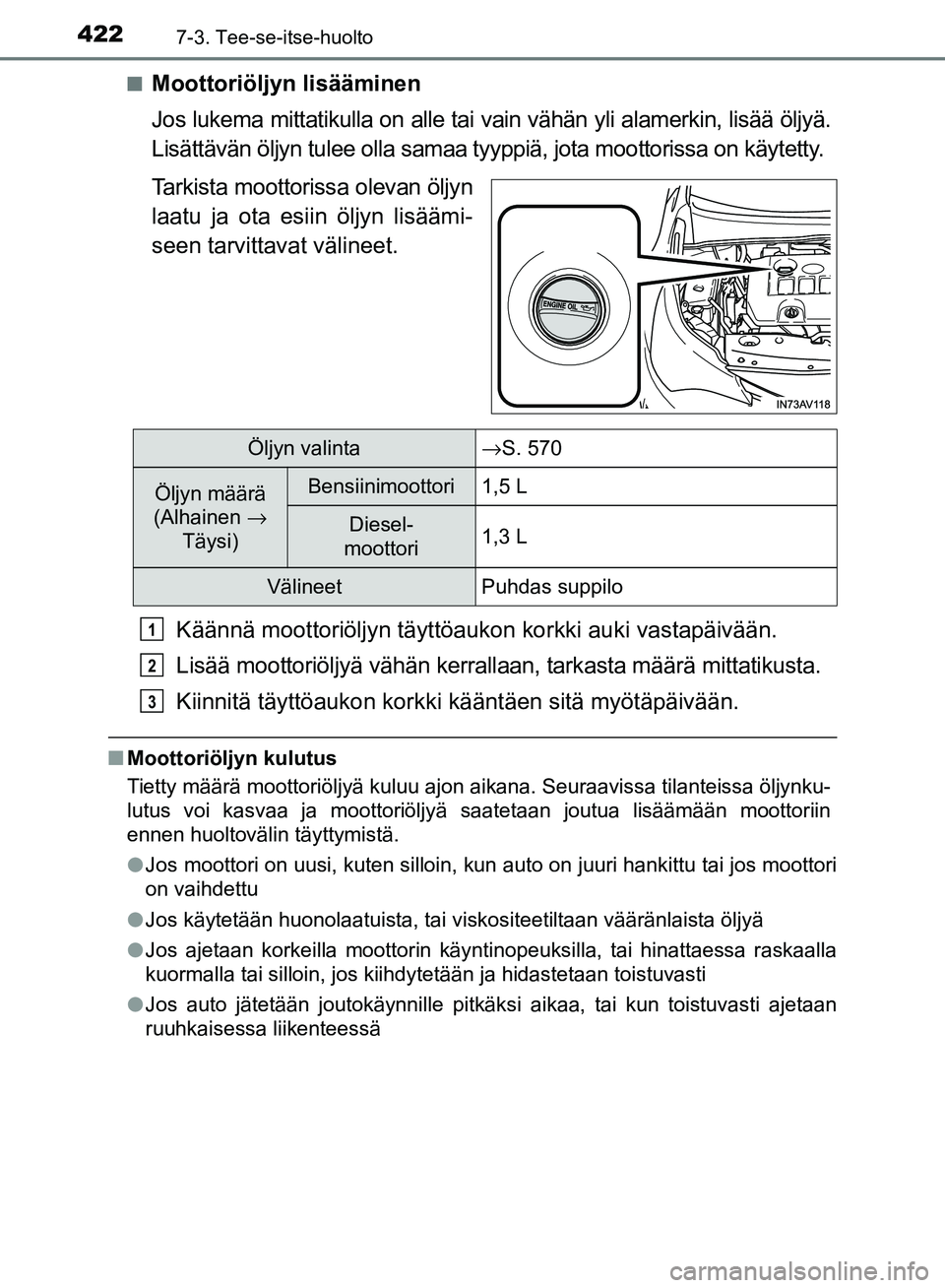TOYOTA AVENSIS 2018 Omistajan Käsikirja (in Finnish) 4227-3. Tee-se-itse-huolto
OM20C79FIn
Moottoriöljyn lisääminen
Jos lukema mittatikulla on alle tai
vain vähän yli alamerkin, lisää öljyä.
Lisättävän öljyn tulee olla samaa tyyppiä, jota TOYOTA AVENSIS 2018 Omistajan Käsikirja (in Finnish) 4227-3. Tee-se-itse-huolto
OM20C79FIn
Moottoriöljyn lisääminen
Jos lukema mittatikulla on alle tai
vain vähän yli alamerkin, lisää öljyä.
Lisättävän öljyn tulee olla samaa tyyppiä, jota