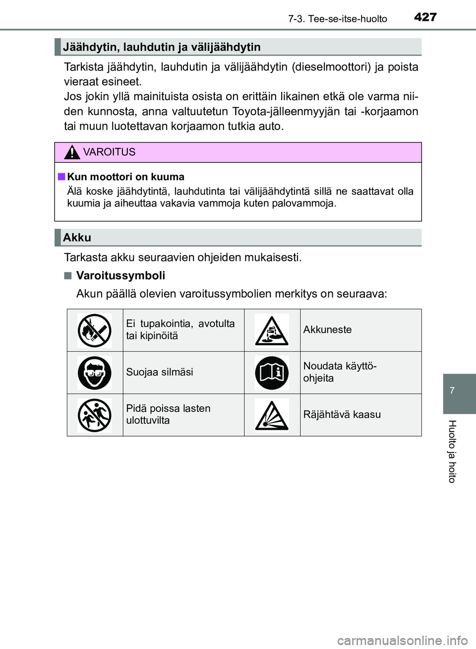 TOYOTA AVENSIS 2018 Omistajan Käsikirja (in Finnish) 4277-3. Tee-se-itse-huolto
OM20C79FI
7
Huolto ja hoito
Tarkista jäähdytin, lauhdutin ja välijäähdytin (dieselmoottori) ja poista
vieraat esineet.
Jos jokin yllä mainituista osista on er ittäin TOYOTA AVENSIS 2018 Omistajan Käsikirja (in Finnish) 4277-3. Tee-se-itse-huolto
OM20C79FI
7
Huolto ja hoito
Tarkista jäähdytin, lauhdutin ja välijäähdytin (dieselmoottori) ja poista
vieraat esineet.
Jos jokin yllä mainituista osista on er ittäin