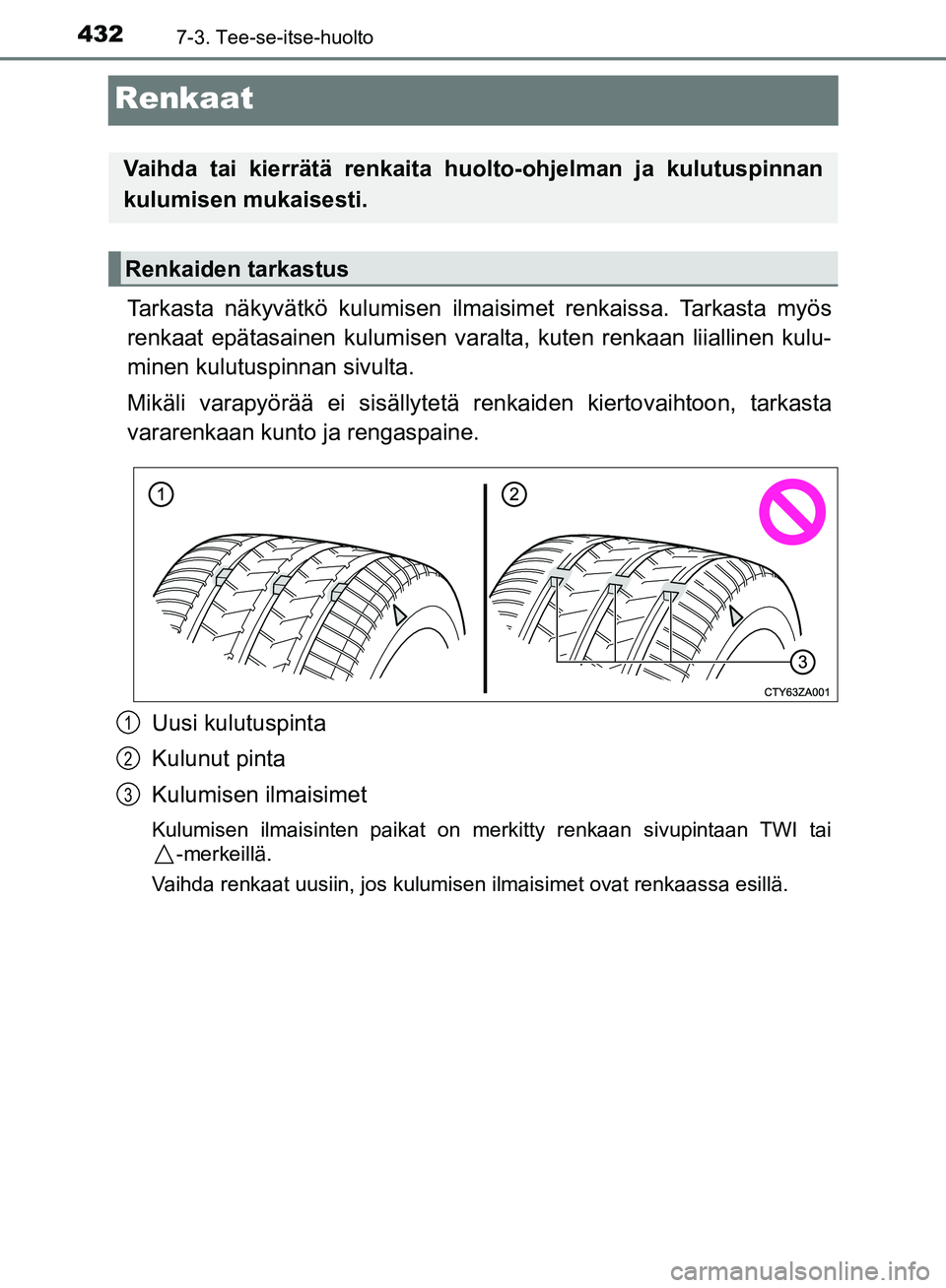 TOYOTA AVENSIS 2018 Omistajan Käsikirja (in Finnish) 4327-3. Tee-se-itse-huolto
OM20C79FI
Renkaat
Tarkasta näkyvätkö kulumisen ilmaisimet renkaissa. Tarkasta myös
renkaat epätasainen kulumi sen varalta, kuten renkaan liiallinen kulu-
minen kulutusp TOYOTA AVENSIS 2018 Omistajan Käsikirja (in Finnish) 4327-3. Tee-se-itse-huolto
OM20C79FI
Renkaat
Tarkasta näkyvätkö kulumisen ilmaisimet renkaissa. Tarkasta myös
renkaat epätasainen kulumi sen varalta, kuten renkaan liiallinen kulu-
minen kulutusp