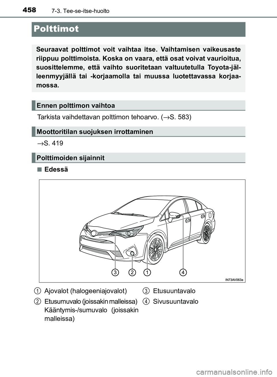 TOYOTA AVENSIS 2018  Omistajan Käsikirja (in Finnish) 4587-3. Tee-se-itse-huolto
OM20C79FI
Polttimot
Tarkista vaihdettavan polttimon tehoarvo. (→S. 583)
→ S. 419
nEdessä
Seuraavat polttimot voit vaihtaa itse. Vaihtamisen vaikeusaste
riippuu polttimo