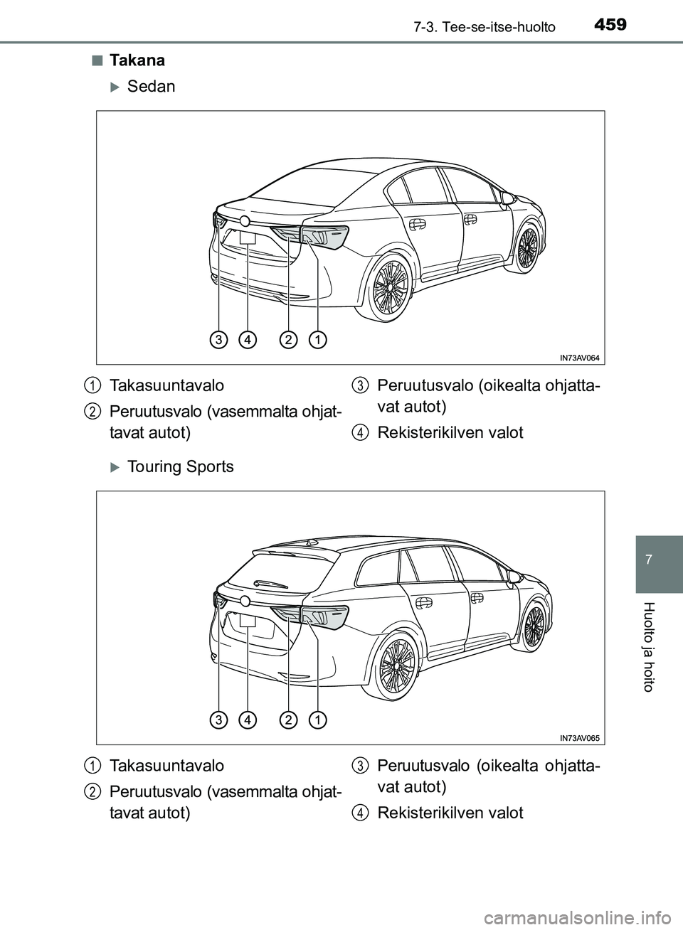 TOYOTA AVENSIS 2018  Omistajan Käsikirja (in Finnish) 4597-3. Tee-se-itse-huolto
OM20C79FI
7
Huolto ja hoito
nTa k a n a
Sedan
Touring Sports
Takasuuntavalo
Peruutusvalo (vasemmalta ohjat-
tavat autot)Peruutusvalo (oikealta ohjatta-
vat autot)
Reki