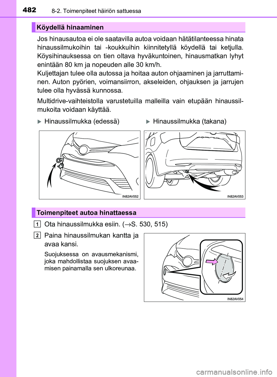 TOYOTA AVENSIS 2018 Omistajan Käsikirja (in Finnish) 4828-2. Toimenpiteet häiriön sattuessa
OM20C79FI
Jos hinausautoa ei ole saatavilla autoa voidaan hätätilanteessa hinata
hinaussilmukoihin tai -koukkuihin k iinnitetyllä köydellä tai ketjulla.
K TOYOTA AVENSIS 2018 Omistajan Käsikirja (in Finnish) 4828-2. Toimenpiteet häiriön sattuessa
OM20C79FI
Jos hinausautoa ei ole saatavilla autoa voidaan hätätilanteessa hinata
hinaussilmukoihin tai -koukkuihin k iinnitetyllä köydellä tai ketjulla.
K