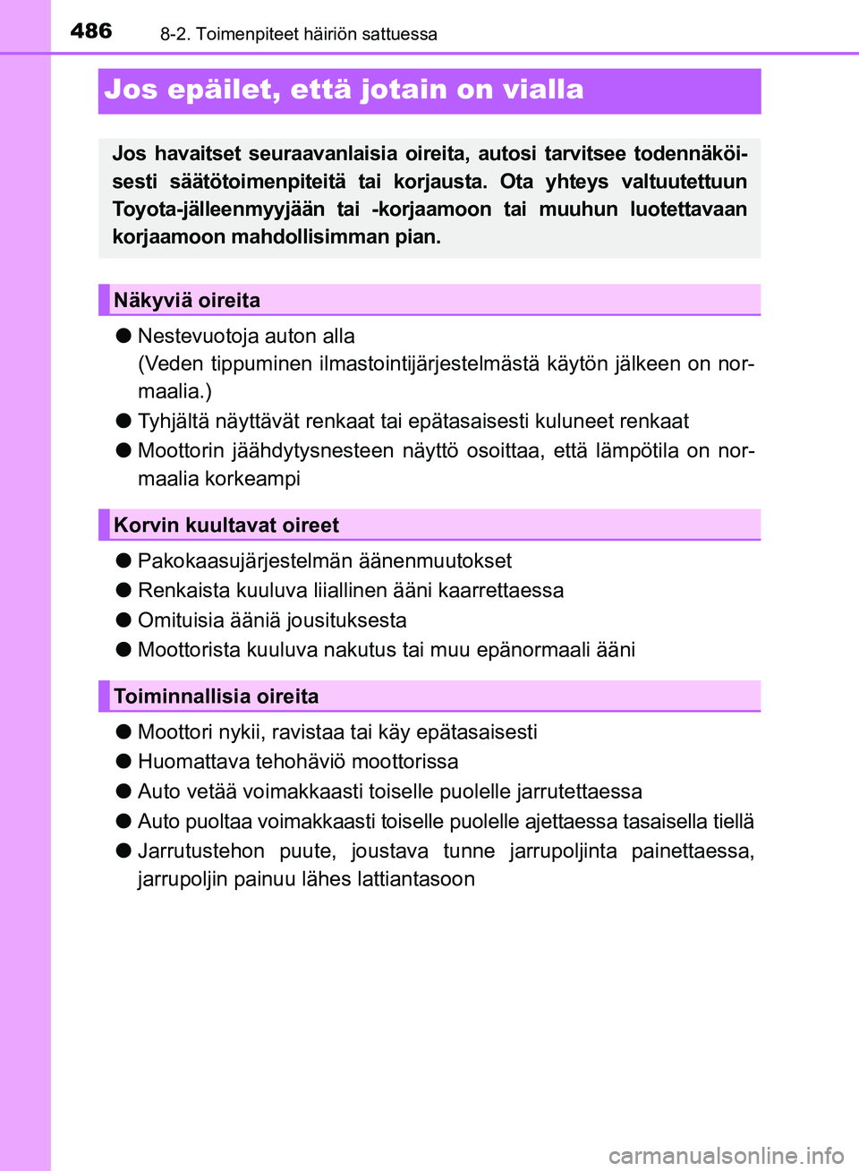 TOYOTA AVENSIS 2018 Omistajan Käsikirja (in Finnish) 4868-2. Toimenpiteet häiriön sattuessa
OM20C79FI
Jos epäilet, että jotain on vialla
lNestevuotoja auton alla
(Veden tippuminen ilmastointijärj estelmästä käytön jälkeen on nor-
maalia.)
l Ty TOYOTA AVENSIS 2018 Omistajan Käsikirja (in Finnish) 4868-2. Toimenpiteet häiriön sattuessa
OM20C79FI
Jos epäilet, että jotain on vialla
lNestevuotoja auton alla
(Veden tippuminen ilmastointijärj estelmästä käytön jälkeen on nor-
maalia.)
l Ty