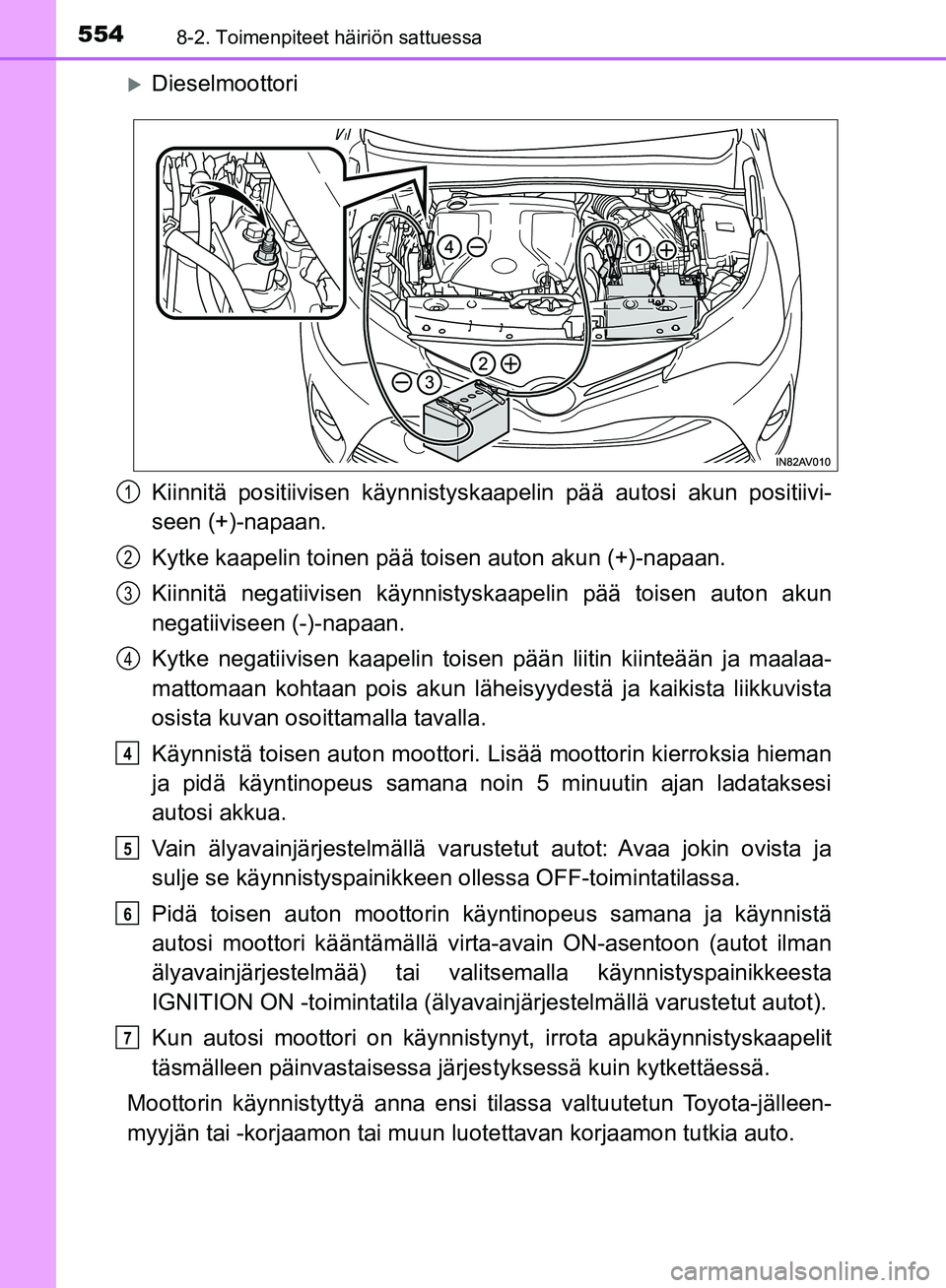 TOYOTA AVENSIS 2018  Omistajan Käsikirja (in Finnish) 5548-2. Toimenpiteet häiriön sattuessa
OM20C79FI
Dieselmoottori
Kiinnitä positiivisen käynnistyskaapelin pää autosi akun positiivi-
seen (+)-napaan.
Kytke kaapelin toinen pää toisen auton a