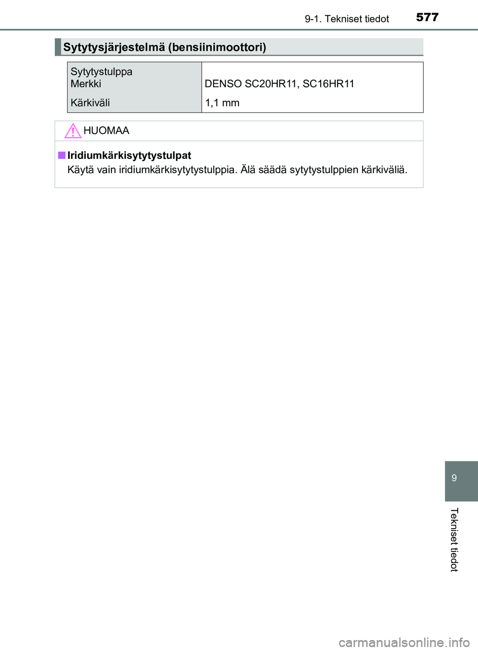 TOYOTA AVENSIS 2018 Omistajan Käsikirja (in Finnish) 5779-1. Tekniset tiedot
OM20C79FI
9
Tekniset tiedot
Sytytysjärjestelmä (bensiinimoottori)
Sytytystulppa
Merkki DENSO SC20HR11, SC16HR11
Kärkiväli1,1 mm
HUOMAA
nIridiumkärkisytytystulpat
Käytä v TOYOTA AVENSIS 2018 Omistajan Käsikirja (in Finnish) 5779-1. Tekniset tiedot
OM20C79FI
9
Tekniset tiedot
Sytytysjärjestelmä (bensiinimoottori)
Sytytystulppa
Merkki DENSO SC20HR11, SC16HR11
Kärkiväli1,1 mm
HUOMAA
nIridiumkärkisytytystulpat
Käytä v