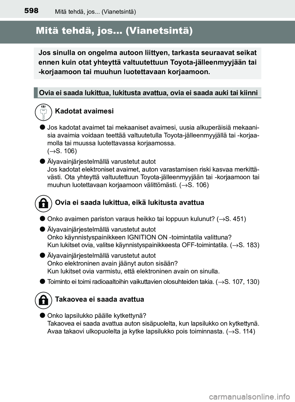 TOYOTA AVENSIS 2018  Omistajan Käsikirja (in Finnish) 598Mitä tehdä, jos... (Vianetsintä)
OM20C79FI
Mitä tehdä, jos... (Vianetsintä)
lJos kadotat avaimet tai mekaaniset avaimesi, uusia alkuperäisiä mekaani-
sia avaimia voidaan teettää valtuutet