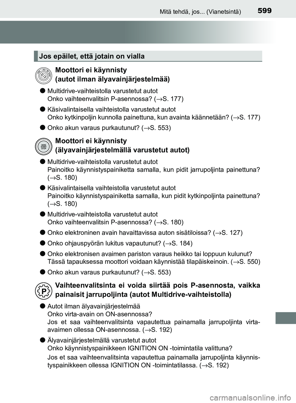 TOYOTA AVENSIS 2018  Omistajan Käsikirja (in Finnish) 599Mitä tehdä, jos... (Vianetsintä)
OM20C79FI
lMultidrive-vaihteistolla varustetut autot
Onko vaihteenvalitsin P-asennossa? ( →S. 177)
lKäsivalintaisella vaihteistolla varustetut autot
Onko kytk