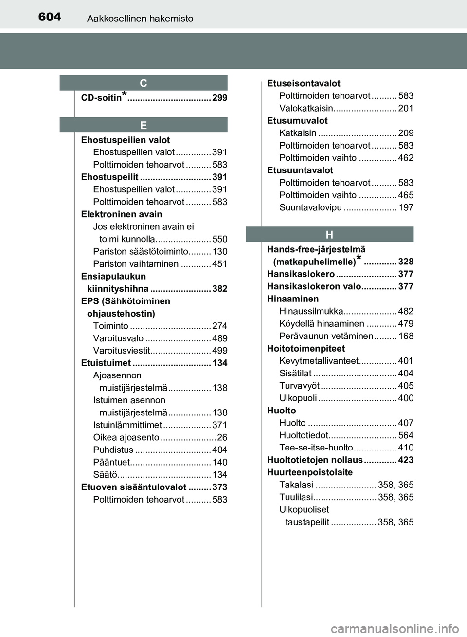 TOYOTA AVENSIS 2018  Omistajan Käsikirja (in Finnish) 604Aakkosellinen hakemisto
OM20C79FI
CD-soitin*................................. 299
Ehostuspeilien valot Ehostuspeilien valot .............. 391
Polttimoiden tehoarvot .......... 583
Ehostuspeilit ..