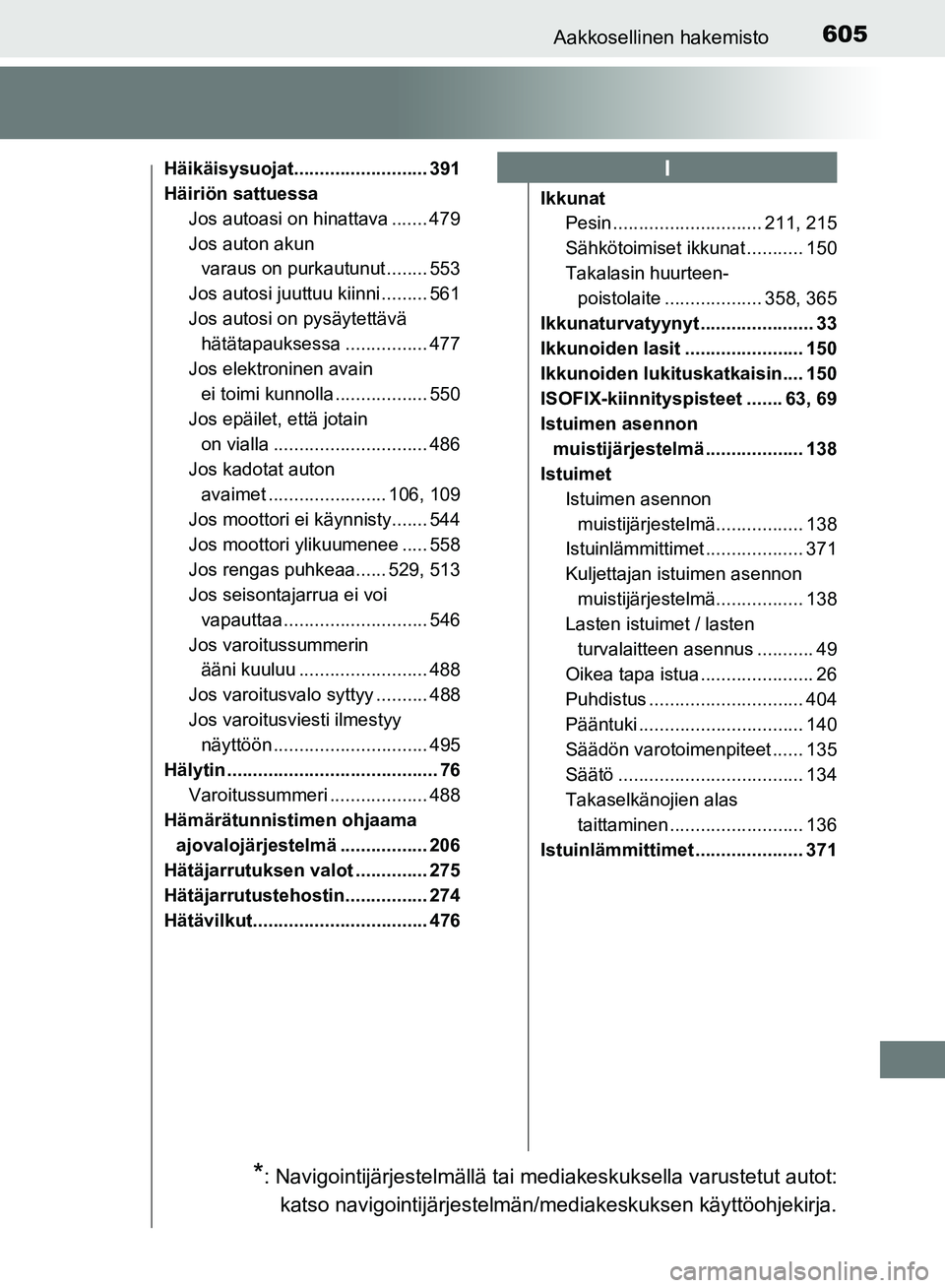 TOYOTA AVENSIS 2018  Omistajan Käsikirja (in Finnish) 605Aakkosellinen hakemisto
OM20C79FI
Häikäisysuojat.......................... 391
Häiriön sattuessaJos autoasi on hinattava ....... 479
Jos auton akun varaus on purkautunut ........ 553
Jos autosi