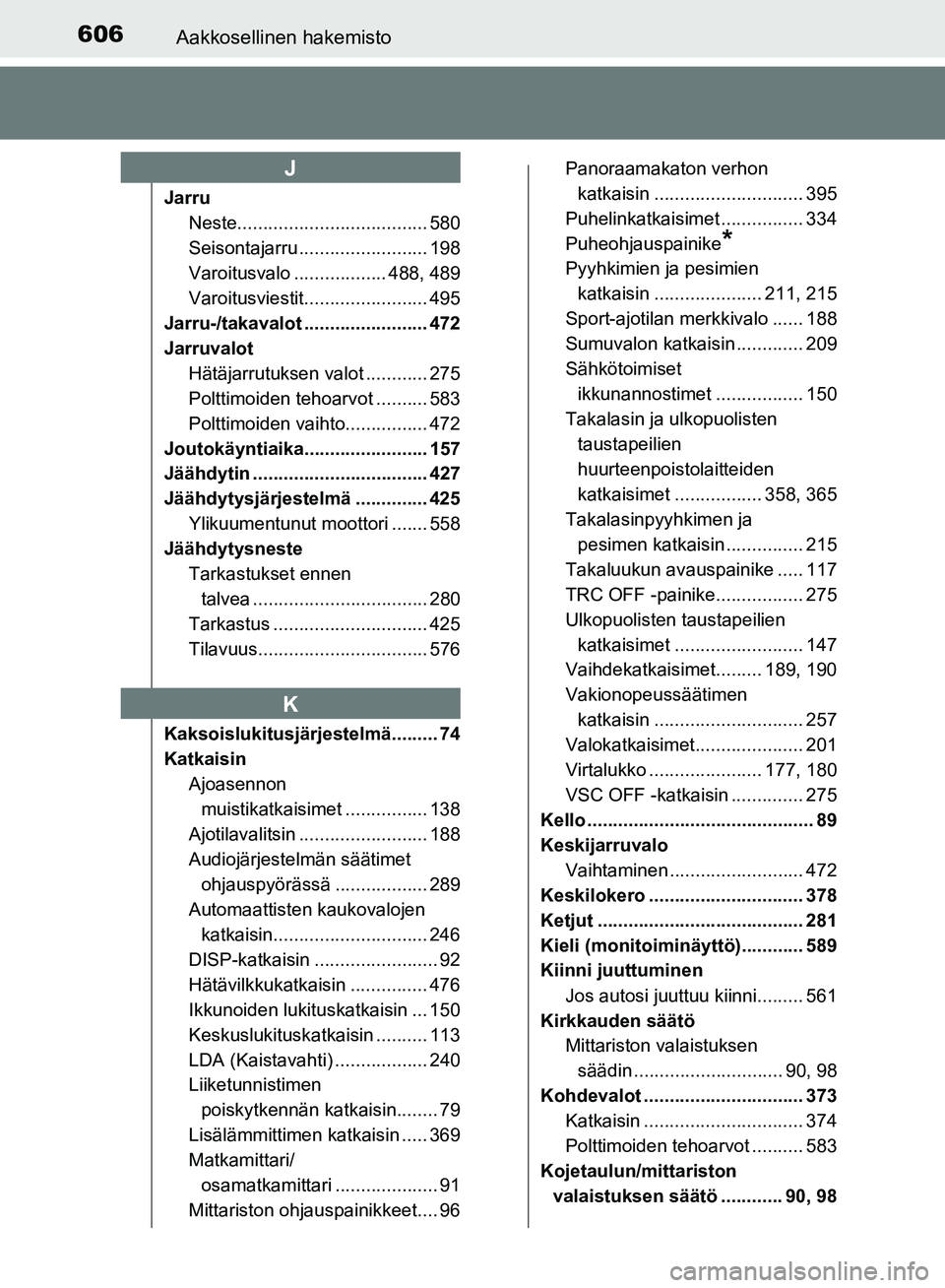 TOYOTA AVENSIS 2018  Omistajan Käsikirja (in Finnish) 606Aakkosellinen hakemisto
OM20C79FI
JarruNeste..................................... 580
Seisontajarru ......................... 198
Varoitusvalo .................. 488, 489
Varoitusviestit...........