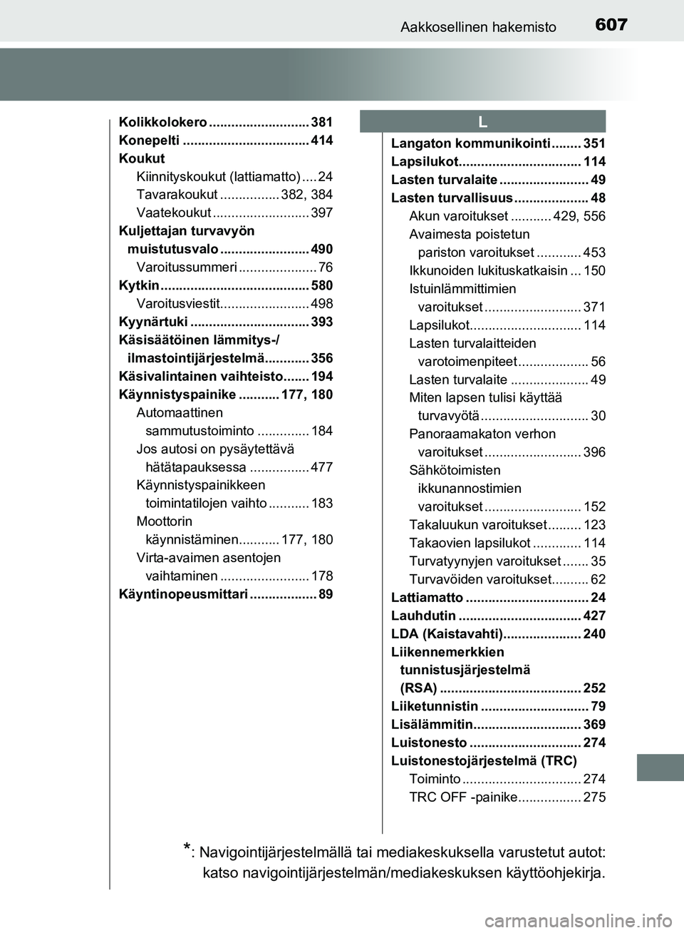 TOYOTA AVENSIS 2018  Omistajan Käsikirja (in Finnish) 607Aakkosellinen hakemisto
OM20C79FI
Kolikkolokero ........................... 381
Konepelti .................................. 414
KoukutKiinnityskoukut (lattiamatto) .... 24
Tavarakoukut ...........