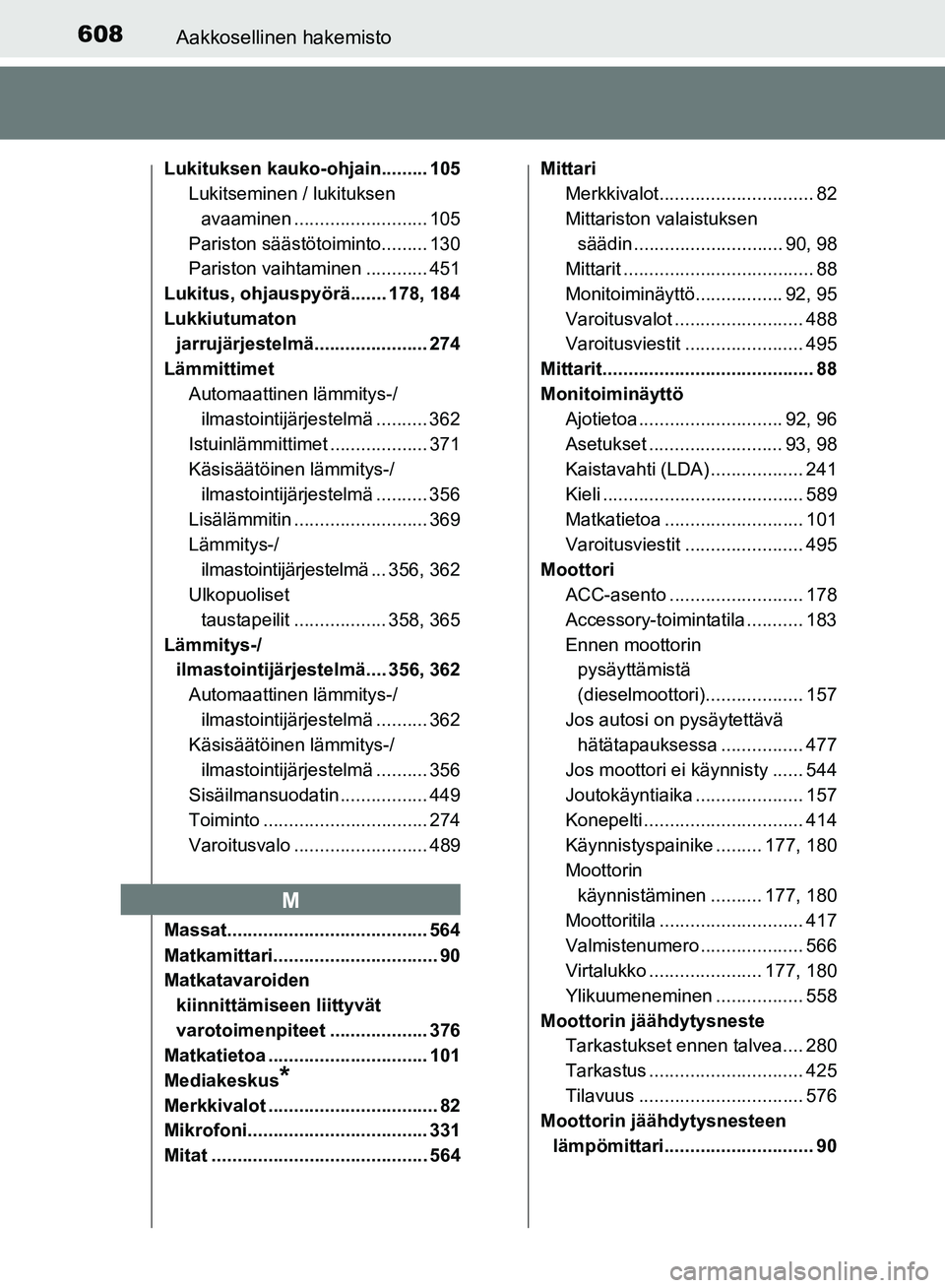 TOYOTA AVENSIS 2018  Omistajan Käsikirja (in Finnish) 608Aakkosellinen hakemisto
OM20C79FI
Lukituksen kauko-ohjain......... 105Lukitseminen / lukituksen 
avaaminen .......................... 105
Pariston säästötoiminto......... 130
Pariston vaihtamine