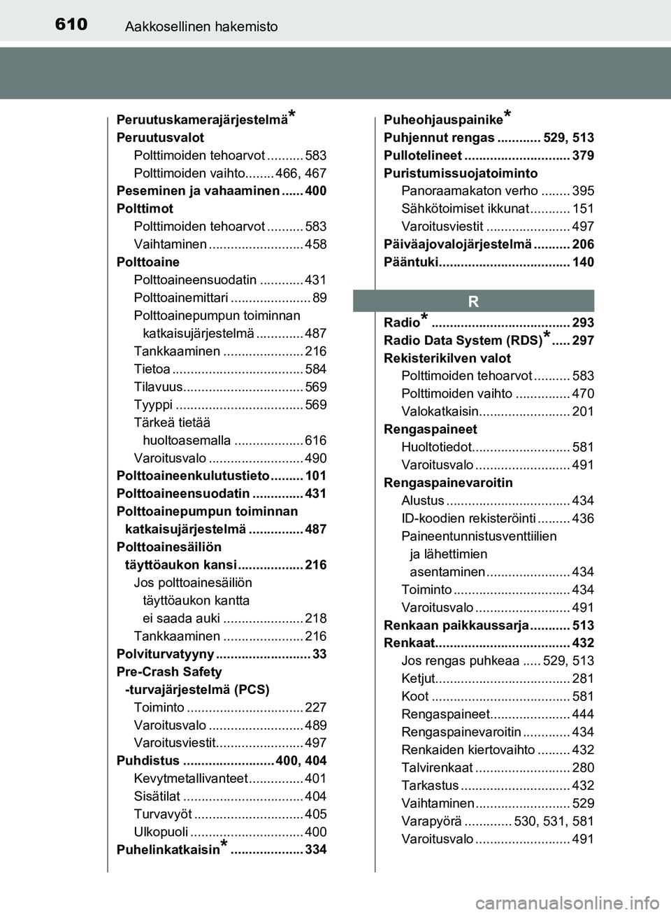 TOYOTA AVENSIS 2018  Omistajan Käsikirja (in Finnish) 610Aakkosellinen hakemisto
OM20C79FI
Peruutuskamerajärjestelmä*
PeruutusvalotPolttimoiden tehoarvot .......... 583
Polttimoiden vaihto........ 466, 467
Peseminen ja vahaaminen ...... 400
Polttimot
P