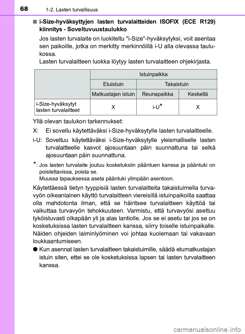 TOYOTA AVENSIS 2018 Omistajan Käsikirja (in Finnish) 681-2. Lasten turvallisuus
OM20C79FIn
i-Size-hyväksyttyjen lasten turval
aitteiden ISOFIX (ECE R129)
kiinnitys - Soveltuvuustaulukko
Jos lasten turvalaite on luokiteltu "i-Size"-hyväksytyksi, voit TOYOTA AVENSIS 2018 Omistajan Käsikirja (in Finnish) 681-2. Lasten turvallisuus
OM20C79FIn
i-Size-hyväksyttyjen lasten turval
aitteiden ISOFIX (ECE R129)
kiinnitys - Soveltuvuustaulukko
Jos lasten turvalaite on luokiteltu "i-Size"-hyväksytyksi, voit