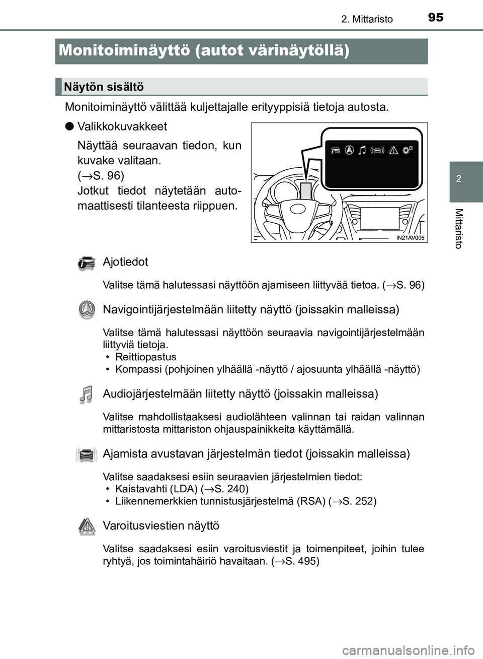 TOYOTA AVENSIS 2018  Omistajan Käsikirja (in Finnish) 95
2
2. Mittaristo
Mittaristo
OM20C79FI
Monitoiminäyttö (autot värinäytöllä)
Monitoiminäyttö välittää kuljettajalle erityyppisiä tietoja autosta.
l Valikkokuvakkeet
Näyttää seuraavan ti