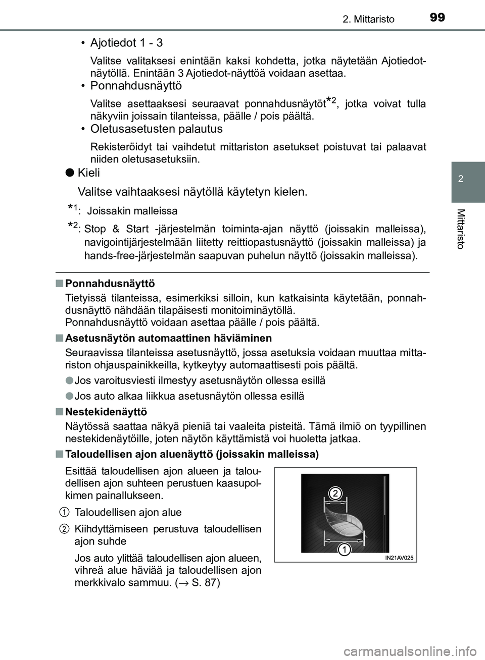 TOYOTA AVENSIS 2018  Omistajan Käsikirja (in Finnish) 992. Mittaristo
2
Mittaristo
OM20C79FI
• Ajotiedot 1 - 3
Valitse valitaksesi enintään kaksi kohdetta, jotka näytetään Ajotiedot-
näytöllä. Enintään 3 Ajotiedot-näyttöä voidaan asettaa.
