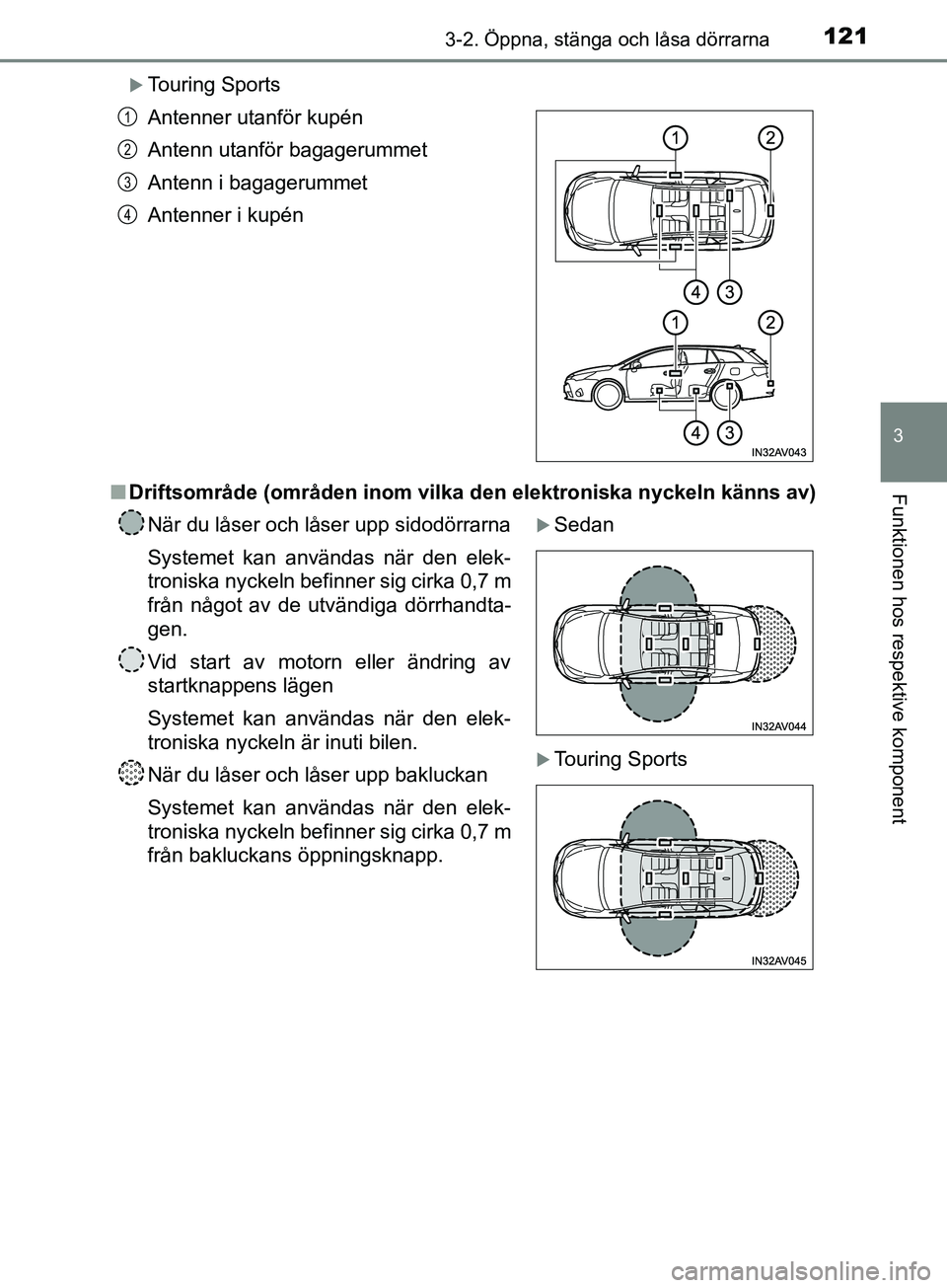 TOYOTA AVENSIS 2018 Bruksanvisningar (in Swedish) 1213-2. Öppna, stänga och låsa dörrarna
3
Funktionen hos respektive komponent
AVENSIS_OM20C79SE
Touring Sports
n Driftsområde (områden inom vilka den elektroniska nyckeln känns av)Antenner u TOYOTA AVENSIS 2018 Bruksanvisningar (in Swedish) 1213-2. Öppna, stänga och låsa dörrarna
3
Funktionen hos respektive komponent
AVENSIS_OM20C79SE
Touring Sports
n Driftsområde (områden inom vilka den elektroniska nyckeln känns av)Antenner u