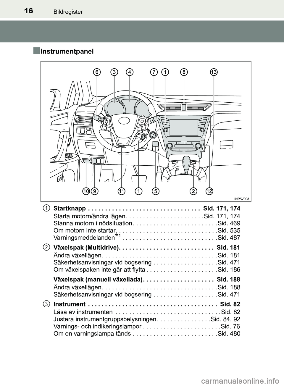 TOYOTA AVENSIS 2018 Bruksanvisningar (in Swedish) 16Bildregister
AVENSIS_OM20C79SE
nInstrumentpanel
Startknapp . . . . . . . . . . . . . . . . . . . . . . . . . . . . . . . . . Sid. 171, 174
Starta motorn/ändra lägen . . . . . . . . . . . . . . . TOYOTA AVENSIS 2018 Bruksanvisningar (in Swedish) 16Bildregister
AVENSIS_OM20C79SE
nInstrumentpanel
Startknapp . . . . . . . . . . . . . . . . . . . . . . . . . . . . . . . . . Sid. 171, 174
Starta motorn/ändra lägen . . . . . . . . . . . . . . .