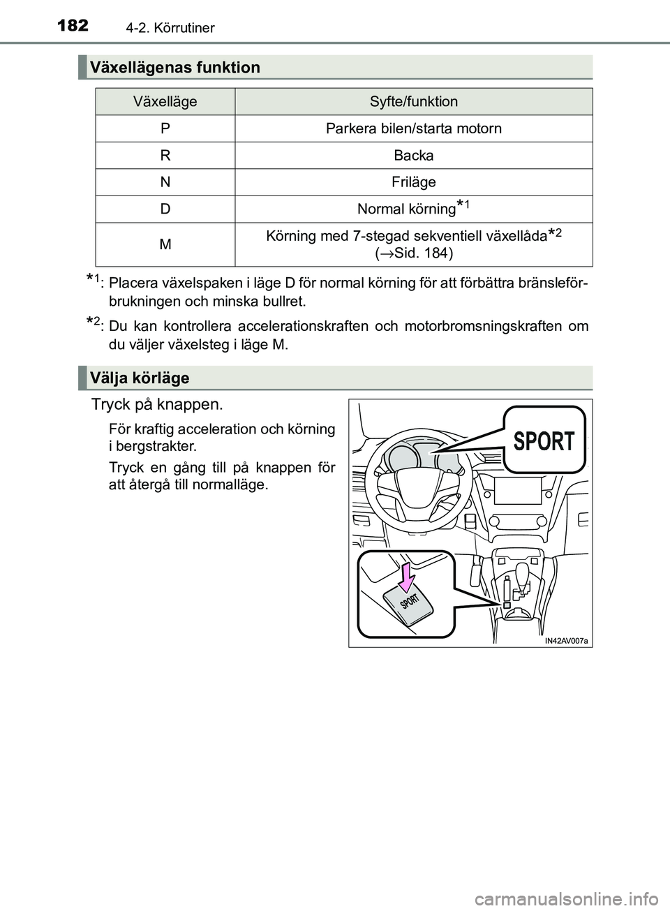 TOYOTA AVENSIS 2018 Bruksanvisningar (in Swedish) 1824-2. Körrutiner
AVENSIS_OM20C79SE
*1: Placera växelspaken i läge D för normal körning för att förbättra bränsleför-brukningen och minska bullret.
*2: Du kan kontrollera accelerationskraft TOYOTA AVENSIS 2018 Bruksanvisningar (in Swedish) 1824-2. Körrutiner
AVENSIS_OM20C79SE
*1: Placera växelspaken i läge D för normal körning för att förbättra bränsleför-brukningen och minska bullret.
*2: Du kan kontrollera accelerationskraft