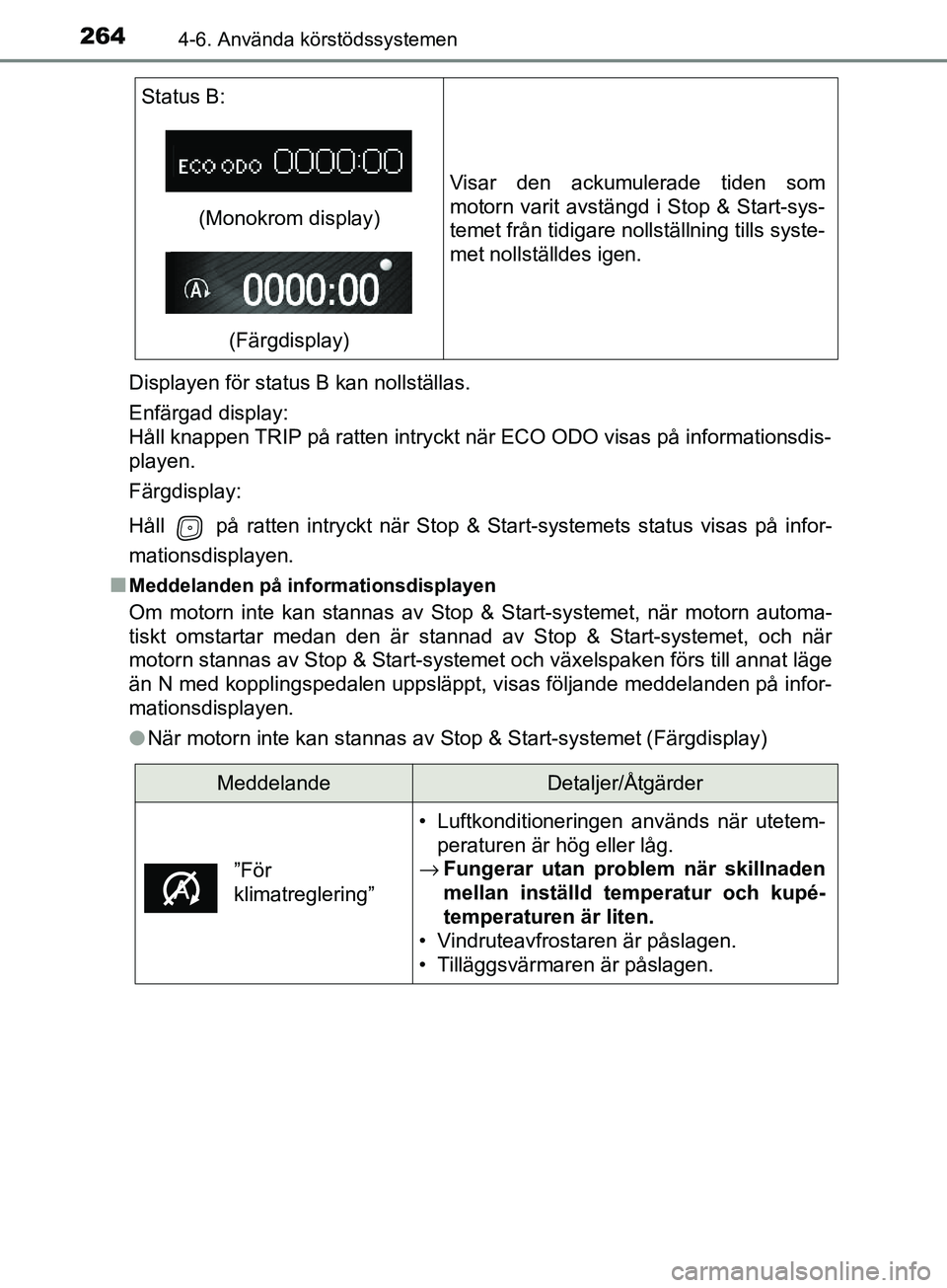 TOYOTA AVENSIS 2018  Bruksanvisningar (in Swedish) 2644-6. Använda körstödssystemen
AVENSIS_OM20C79SEDisplayen för status B kan nollställas.
Enfärgad display: 
Håll knappen TRIP på ratten intryckt när ECO ODO visas på informationsdis-
playen