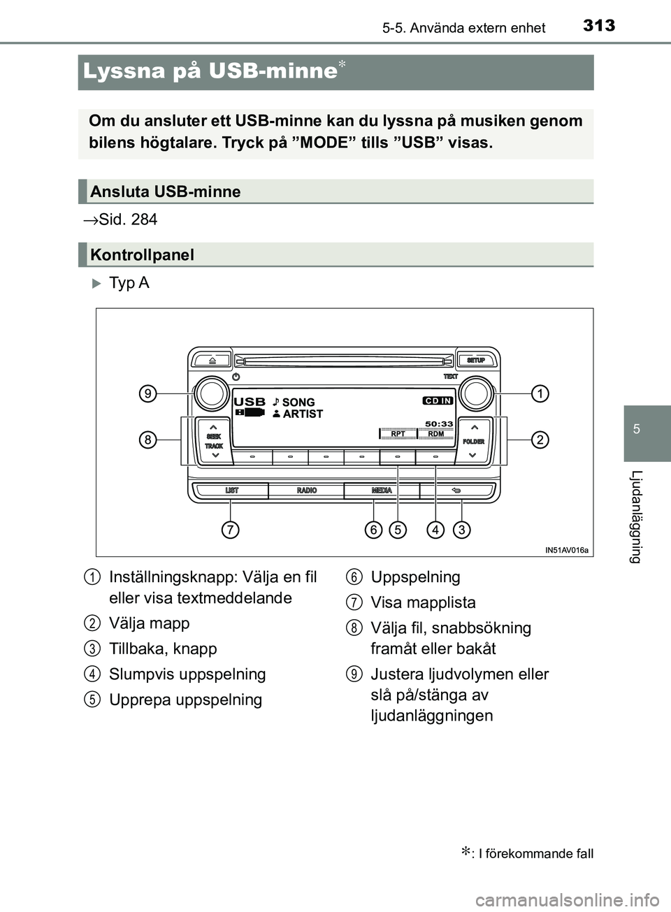 TOYOTA AVENSIS 2018 Bruksanvisningar (in Swedish) 313
5
5-5. Använda extern enhet
Ljudanläggning
AVENSIS_OM20C79SE
Lyssna på USB-minne∗
→Sid. 284
Ty p A
∗: I förekommande fall
Om du ansluter ett USB-minne kan du lyssna på musiken geno TOYOTA AVENSIS 2018 Bruksanvisningar (in Swedish) 313
5
5-5. Använda extern enhet
Ljudanläggning
AVENSIS_OM20C79SE
Lyssna på USB-minne∗
→Sid. 284
Ty p A
∗: I förekommande fall
Om du ansluter ett USB-minne kan du lyssna på musiken geno