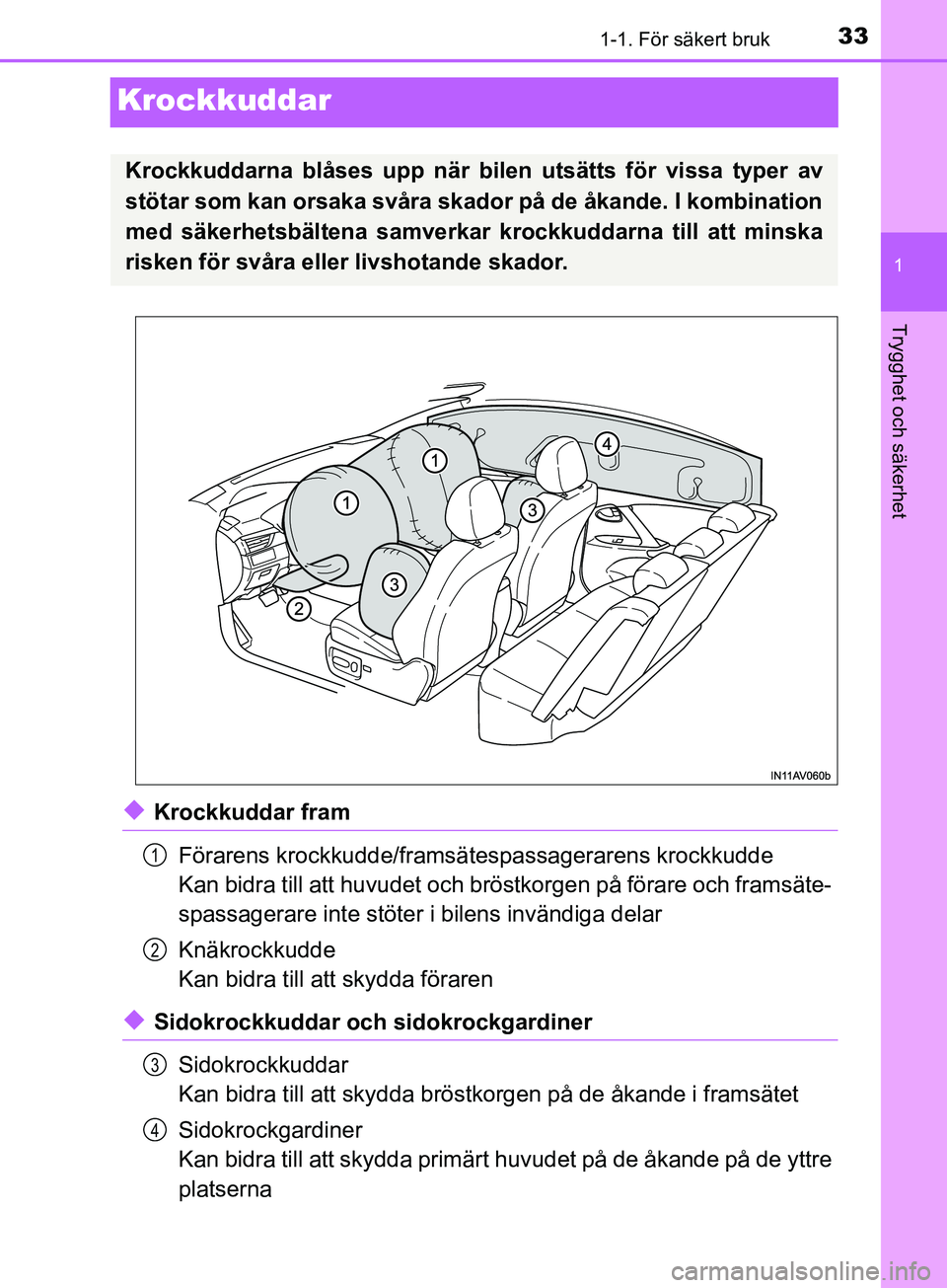 TOYOTA AVENSIS 2018 Bruksanvisningar (in Swedish) 331-1. För säkert bruk
1
Trygghet och säkerhet
AVENSIS_OM20C79SE
Krockkuddar
uKrockkuddar framFörarens krockkudde/framsät espassagerarens krockkudde
Kan bidra till att huvudet och brös tkorgen p TOYOTA AVENSIS 2018 Bruksanvisningar (in Swedish) 331-1. För säkert bruk
1
Trygghet och säkerhet
AVENSIS_OM20C79SE
Krockkuddar
uKrockkuddar framFörarens krockkudde/framsät espassagerarens krockkudde
Kan bidra till att huvudet och brös tkorgen p