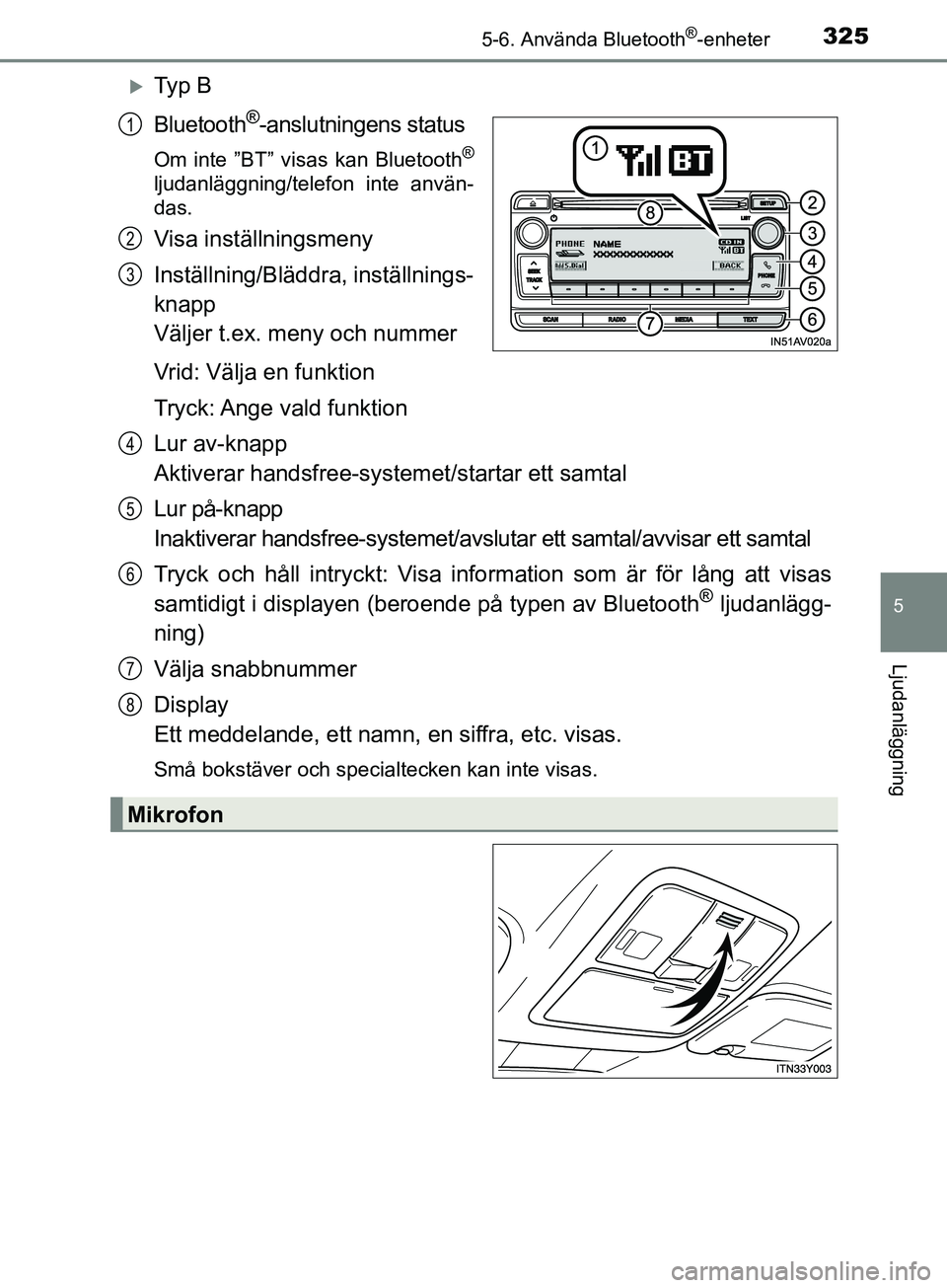 TOYOTA AVENSIS 2018 Bruksanvisningar (in Swedish) 3255-6. Använda Bluetooth®-enheter
5
Ljudanläggning
AVENSIS_OM20C79SE
Ty p B
Bluetooth
®-anslutningens status
Om inte ”BT” visas kan Bluetooth®
ljudanläggning/telefon inte använ-
das.
V TOYOTA AVENSIS 2018 Bruksanvisningar (in Swedish) 3255-6. Använda Bluetooth®-enheter
5
Ljudanläggning
AVENSIS_OM20C79SE
Ty p B
Bluetooth
®-anslutningens status
Om inte ”BT” visas kan Bluetooth®
ljudanläggning/telefon inte använ-
das.
V