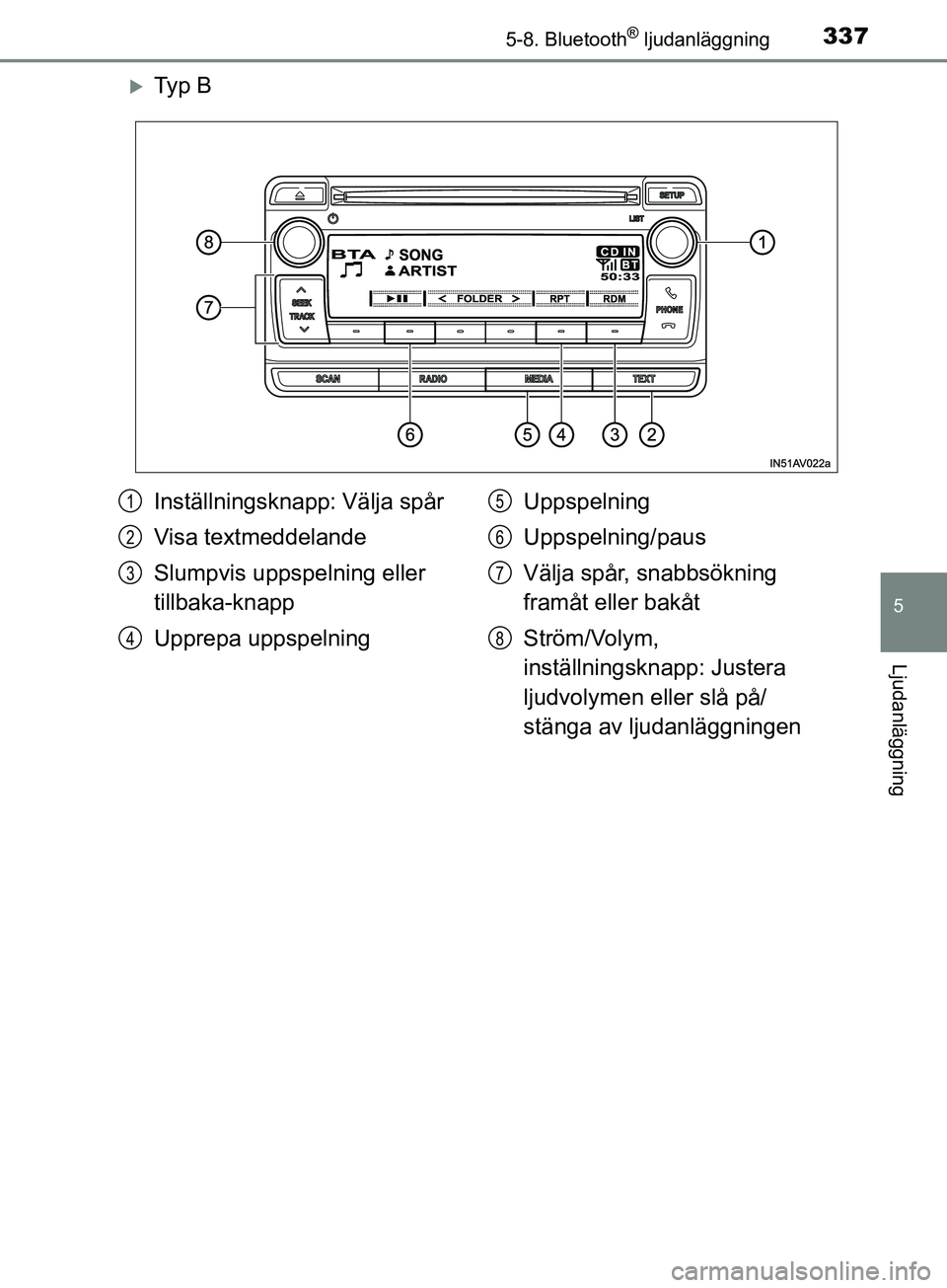 TOYOTA AVENSIS 2018 Bruksanvisningar (in Swedish) 3375-8. Bluetooth® ljudanläggning
5
Ljudanläggning
AVENSIS_OM20C79SE
Ty p B
Inställningsknapp: Välja spår
Visa textmeddelande
Slumpvis uppspelning eller
tillbaka-knapp
Upprepa uppspelningUp TOYOTA AVENSIS 2018 Bruksanvisningar (in Swedish) 3375-8. Bluetooth® ljudanläggning
5
Ljudanläggning
AVENSIS_OM20C79SE
Ty p B
Inställningsknapp: Välja spår
Visa textmeddelande
Slumpvis uppspelning eller
tillbaka-knapp
Upprepa uppspelningUp