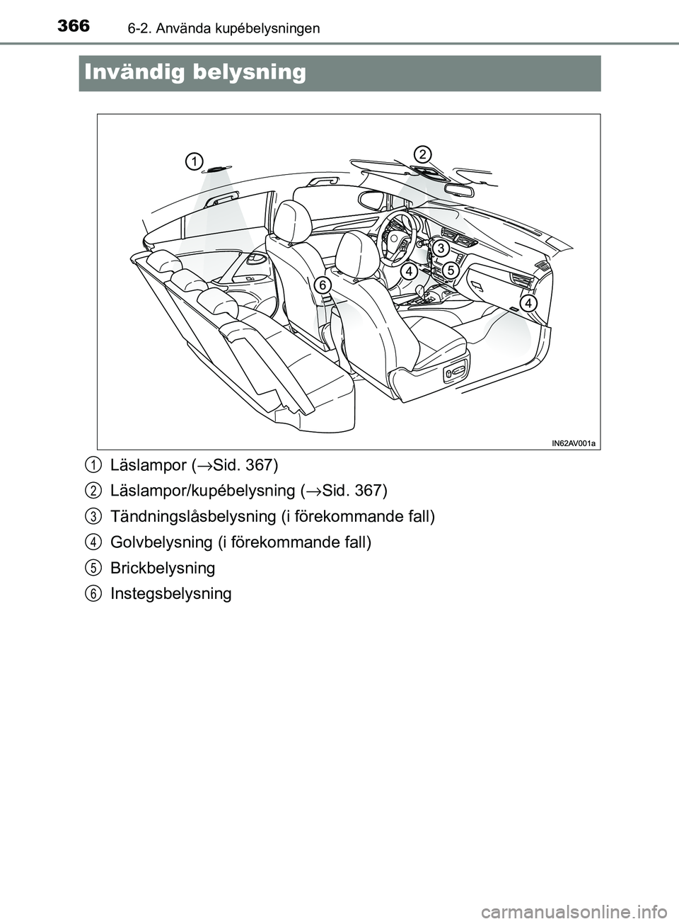 TOYOTA AVENSIS 2018 Bruksanvisningar (in Swedish) 3666-2. Använda kupébelysningen
AVENSIS_OM20C79SE
Invändig belysning
Läslampor (→Sid. 367)
Läslampor/kupébelysning ( →Sid. 367)
Tändningslåsbelysning (i förekommande fall)
Golvbelysning ( TOYOTA AVENSIS 2018 Bruksanvisningar (in Swedish) 3666-2. Använda kupébelysningen
AVENSIS_OM20C79SE
Invändig belysning
Läslampor (→Sid. 367)
Läslampor/kupébelysning ( →Sid. 367)
Tändningslåsbelysning (i förekommande fall)
Golvbelysning (