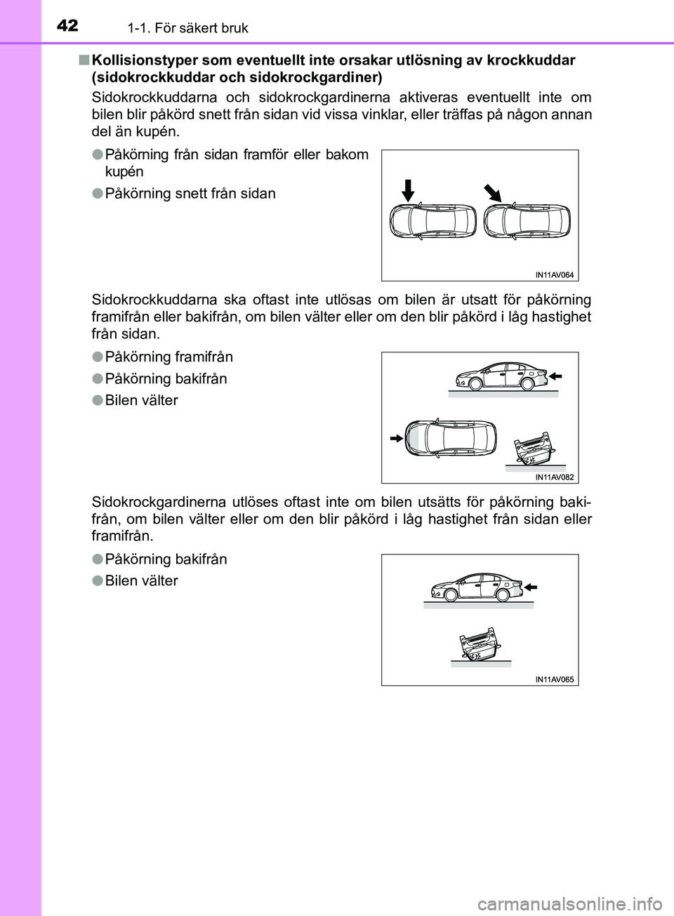 TOYOTA AVENSIS 2018 Bruksanvisningar (in Swedish) 421-1. För säkert bruk
AVENSIS_OM20C79SEn
Kollisionstyper som eventuellt inte orsakar utlösning av krockkuddar
(sidokrockkuddar och sidokrockgardiner)
Sidokrockkuddarna och sidokrockgardinerna akt TOYOTA AVENSIS 2018 Bruksanvisningar (in Swedish) 421-1. För säkert bruk
AVENSIS_OM20C79SEn
Kollisionstyper som eventuellt inte orsakar utlösning av krockkuddar
(sidokrockkuddar och sidokrockgardiner)
Sidokrockkuddarna och sidokrockgardinerna akt