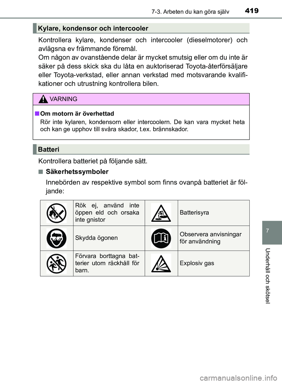 TOYOTA AVENSIS 2018 Bruksanvisningar (in Swedish) 4197-3. Arbeten du kan göra själv
AVENSIS_OM20C79SE
7
Underhåll och skötsel
Kontrollera kylare, kondenser och intercooler (dieselmotorer) och
avlägsna ev främmande föremål.
Om någon av ovans TOYOTA AVENSIS 2018 Bruksanvisningar (in Swedish) 4197-3. Arbeten du kan göra själv
AVENSIS_OM20C79SE
7
Underhåll och skötsel
Kontrollera kylare, kondenser och intercooler (dieselmotorer) och
avlägsna ev främmande föremål.
Om någon av ovans