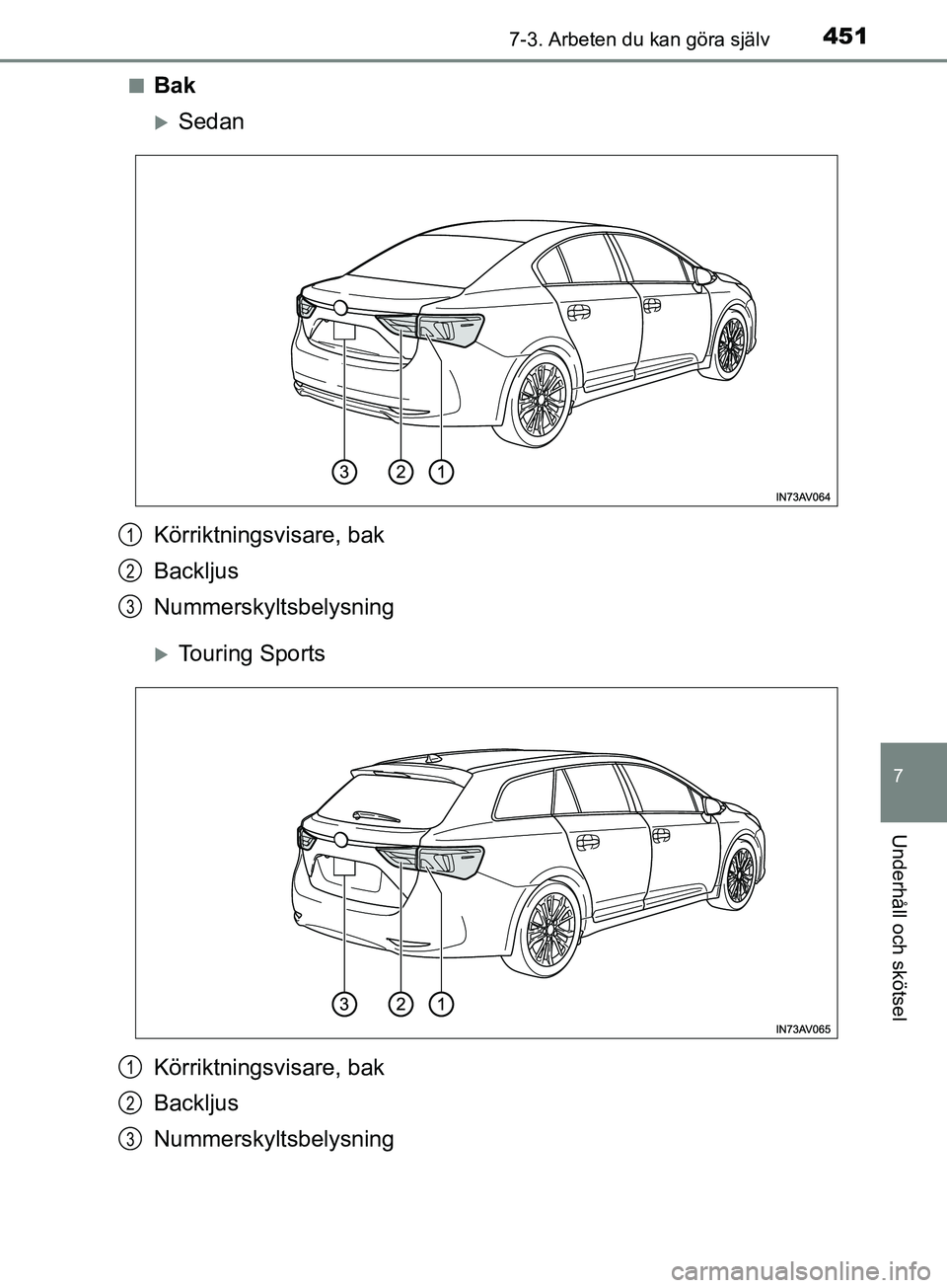TOYOTA AVENSIS 2018  Bruksanvisningar (in Swedish) 4517-3. Arbeten du kan göra själv
AVENSIS_OM20C79SE
7
Underhåll och skötsel
nBak
Sedan
Touring Sports
Körriktningsvisare, bak
Backljus
Nummerskyltsbelysning1
2
3
Körriktningsvisare, bak
Ba