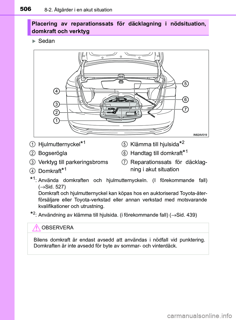 TOYOTA AVENSIS 2018 Bruksanvisningar (in Swedish) 5068-2. Åtgärder i en akut situation
AVENSIS_OM20C79SE
Sedan
*1: Använda domkraften och hjulmutternyckeln. (I förekommande fall)(→Sid. 527)
Domkraft och hjulmutternyckel kan köpas hos en auk TOYOTA AVENSIS 2018 Bruksanvisningar (in Swedish) 5068-2. Åtgärder i en akut situation
AVENSIS_OM20C79SE
Sedan
*1: Använda domkraften och hjulmutternyckeln. (I förekommande fall)(→Sid. 527)
Domkraft och hjulmutternyckel kan köpas hos en auk