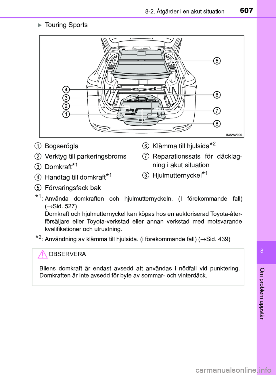 TOYOTA AVENSIS 2018 Bruksanvisningar (in Swedish) 5078-2. Åtgärder i en akut situation
AVENSIS_OM20C79SE
8
Om problem uppstår
Touring Sports
*1: Använda domkraften och hjulmutternyckeln. (I förekommande fall)(→Sid. 527)
Domkraft och hjulmut TOYOTA AVENSIS 2018 Bruksanvisningar (in Swedish) 5078-2. Åtgärder i en akut situation
AVENSIS_OM20C79SE
8
Om problem uppstår
Touring Sports
*1: Använda domkraften och hjulmutternyckeln. (I förekommande fall)(→Sid. 527)
Domkraft och hjulmut