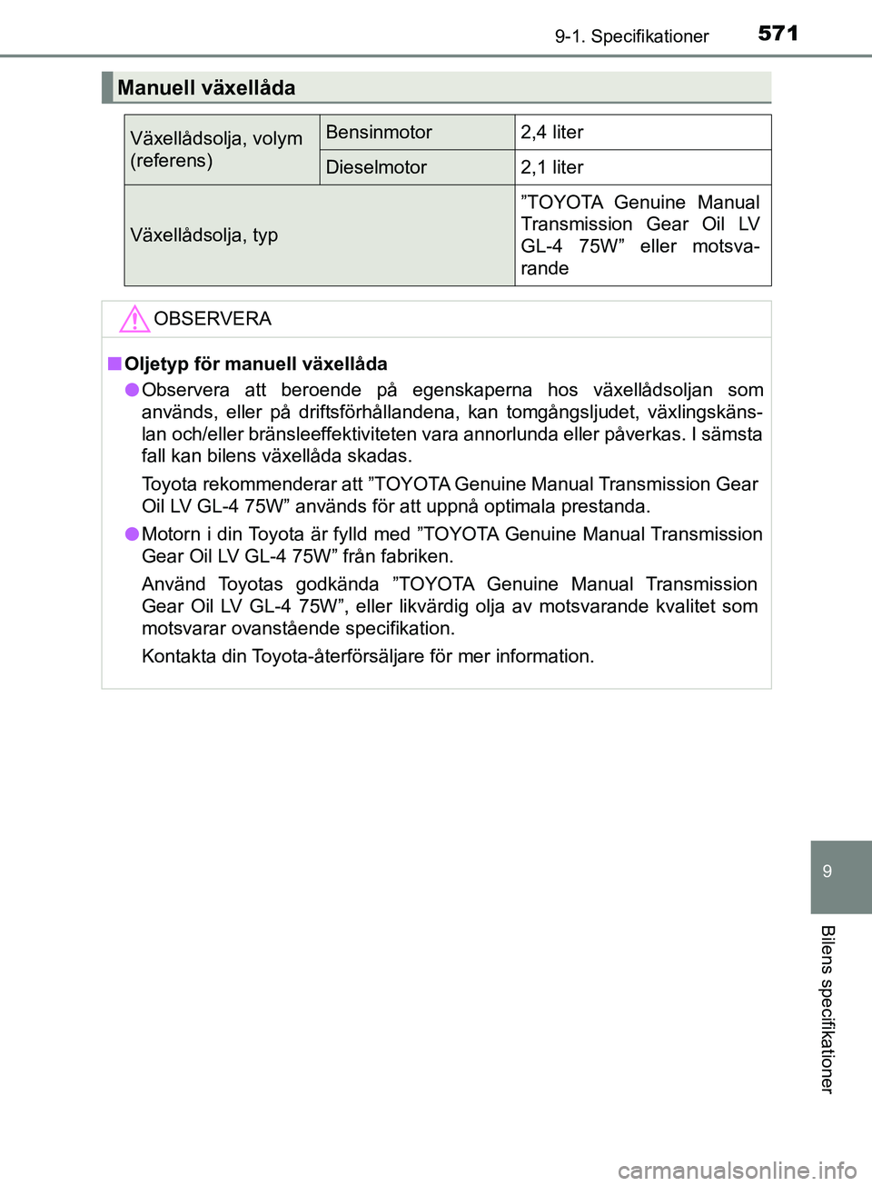 TOYOTA AVENSIS 2018  Bruksanvisningar (in Swedish) 5719-1. Specifikationer
AVENSIS_OM20C79SE
9
Bilens specifikationer
Manuell växellåda
Växellådsolja, volym 
(referens)Bensinmotor2,4 liter
Dieselmotor2,1 liter
Växellådsolja, typ
”TOYOTA Genuin