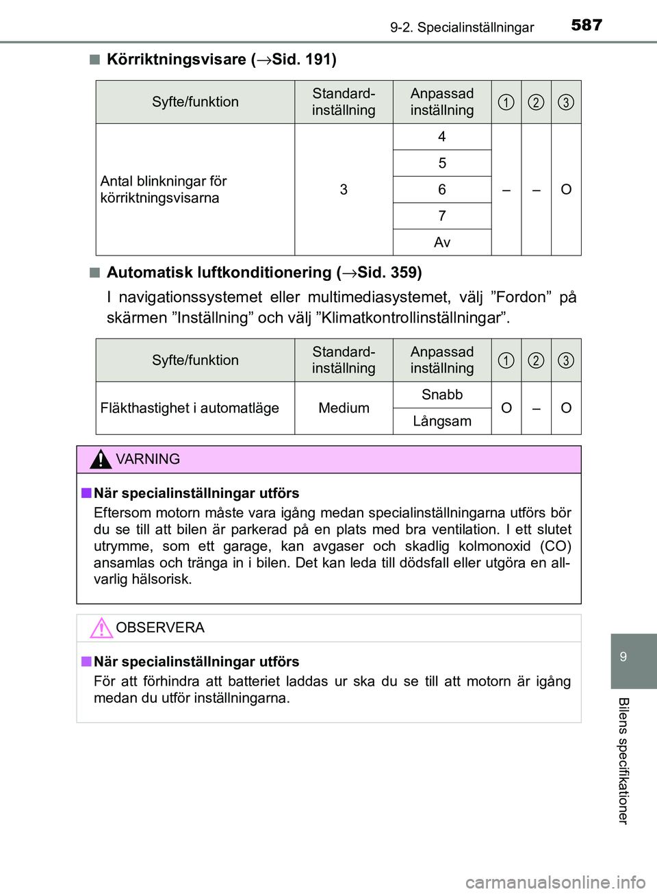 TOYOTA AVENSIS 2018  Bruksanvisningar (in Swedish) 5879-2. Specialinställningar
AVENSIS_OM20C79SE
9
Bilens specifikationer
nKörriktningsvisare (→Sid. 191)
nAutomatisk luftkonditionering ( →Sid. 359)
I navigationssystemet eller multimediasystemet