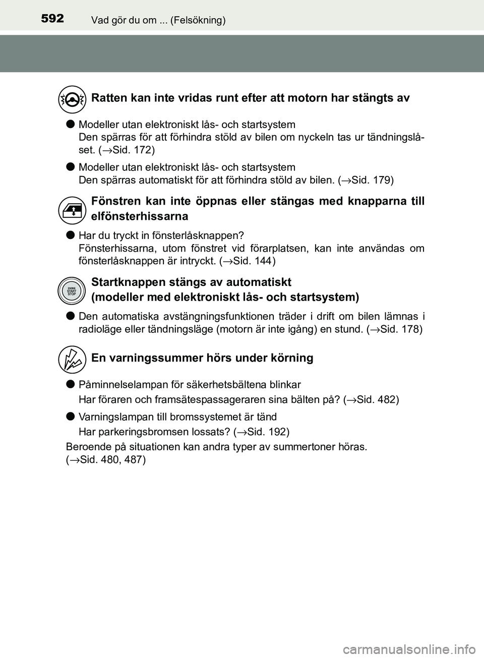TOYOTA AVENSIS 2018  Bruksanvisningar (in Swedish) 592Vad gör du om ... (Felsökning)
AVENSIS_OM20C79SE
lModeller utan elektroniskt lås- och startsystem 
Den spärras för att förhindra stöld av bilen om nyckeln tas ur tändningslå-
set. (→Sid.