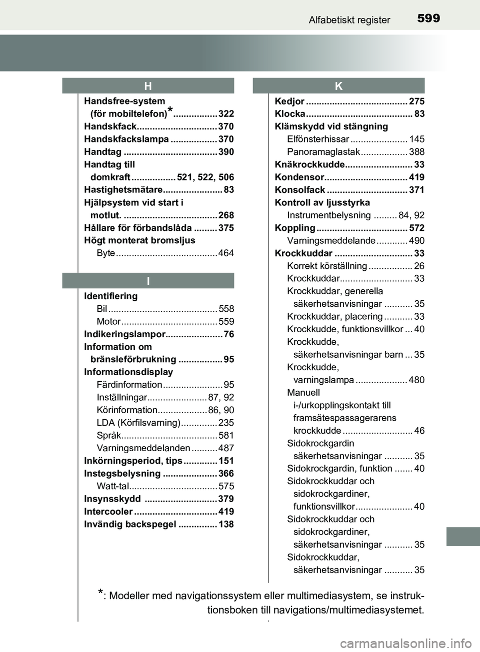 TOYOTA AVENSIS 2018  Bruksanvisningar (in Swedish) 599Alfabetiskt register
AVENSIS_OM20C79SE
Handsfree-system (för mobiltelefon)
*................. 322
Handskfack............................... 370
Handskfackslampa .................. 370
Handtag ....