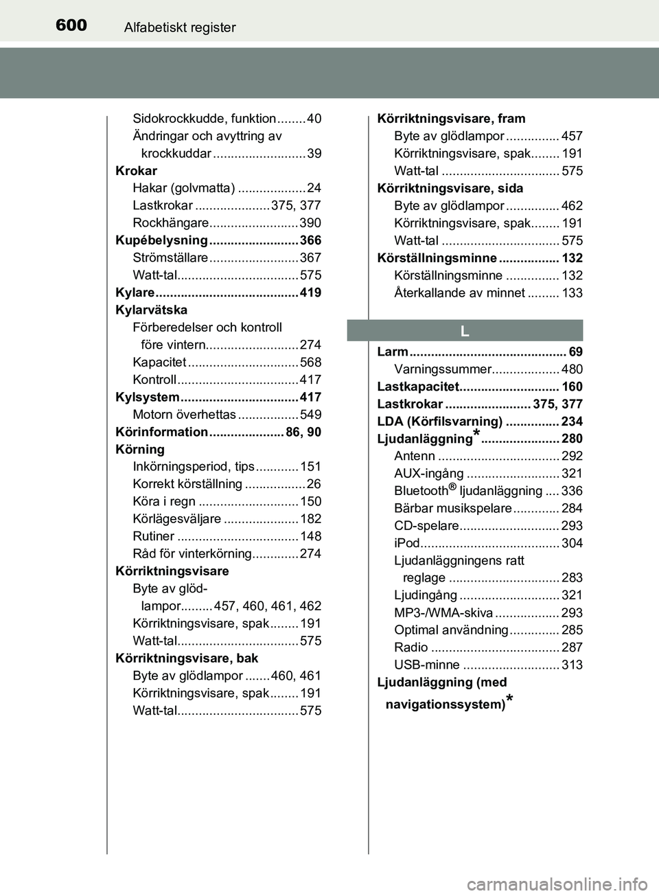 TOYOTA AVENSIS 2018  Bruksanvisningar (in Swedish) 600Alfabetiskt register
AVENSIS_OM20C79SE
Sidokrockkudde, funktion ........ 40
Ändringar och avyttring av krockkuddar .......................... 39
Krokar Hakar (golvmatta) ................... 24
Las