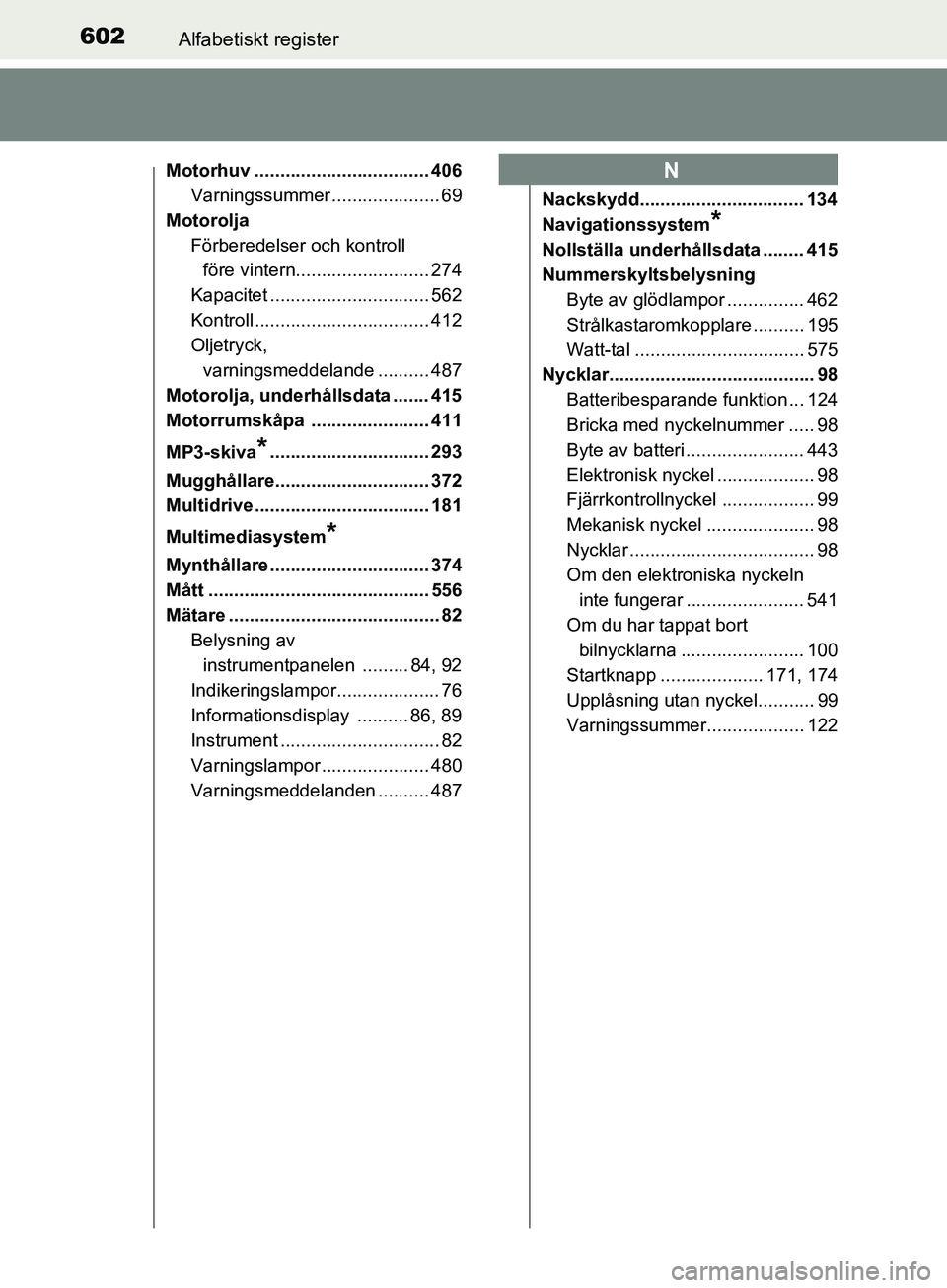 TOYOTA AVENSIS 2018  Bruksanvisningar (in Swedish) 602Alfabetiskt register
AVENSIS_OM20C79SE
Motorhuv .................................. 406Varningssummer ..................... 69
Motorolja Förberedelser och kontroll före vintern....................
