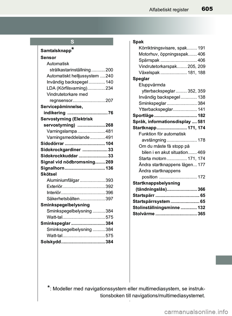 TOYOTA AVENSIS 2018  Bruksanvisningar (in Swedish) 605Alfabetiskt register
AVENSIS_OM20C79SE
Samtalsknapp*
SensorAutomatisk strålkastarinställning ........... 200
Automatiskt helljussystem .... 240
Invändig backspegel ............. 140
LDA (Körfil