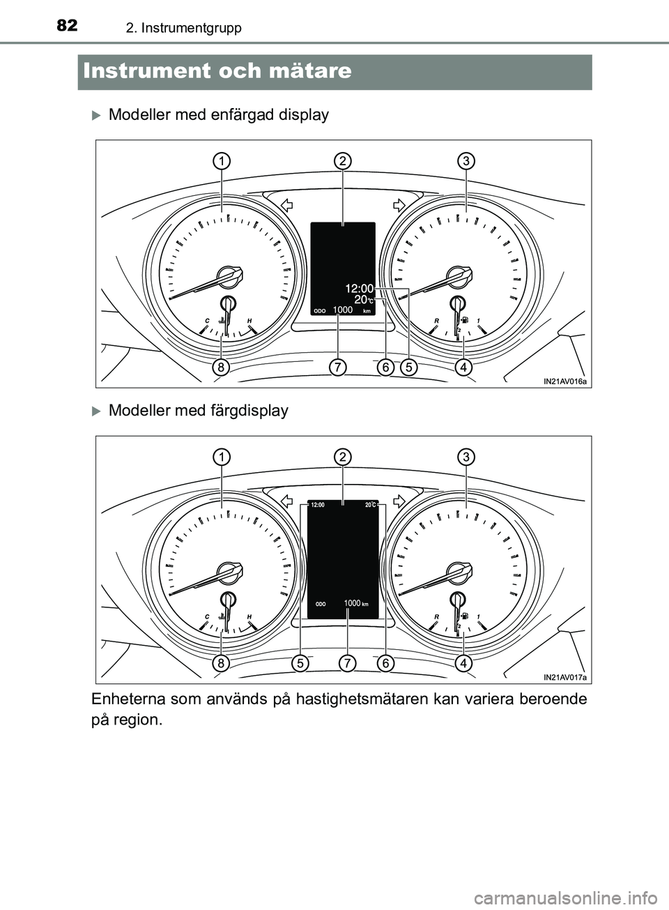 TOYOTA AVENSIS 2018  Bruksanvisningar (in Swedish) 822. Instrumentgrupp
AVENSIS_OM20C79SE
Instrument och mätare
Modeller med enfärgad display
Modeller med färgdisplay
Enheterna som används på hastig hetsmätaren kan variera beroende
på reg