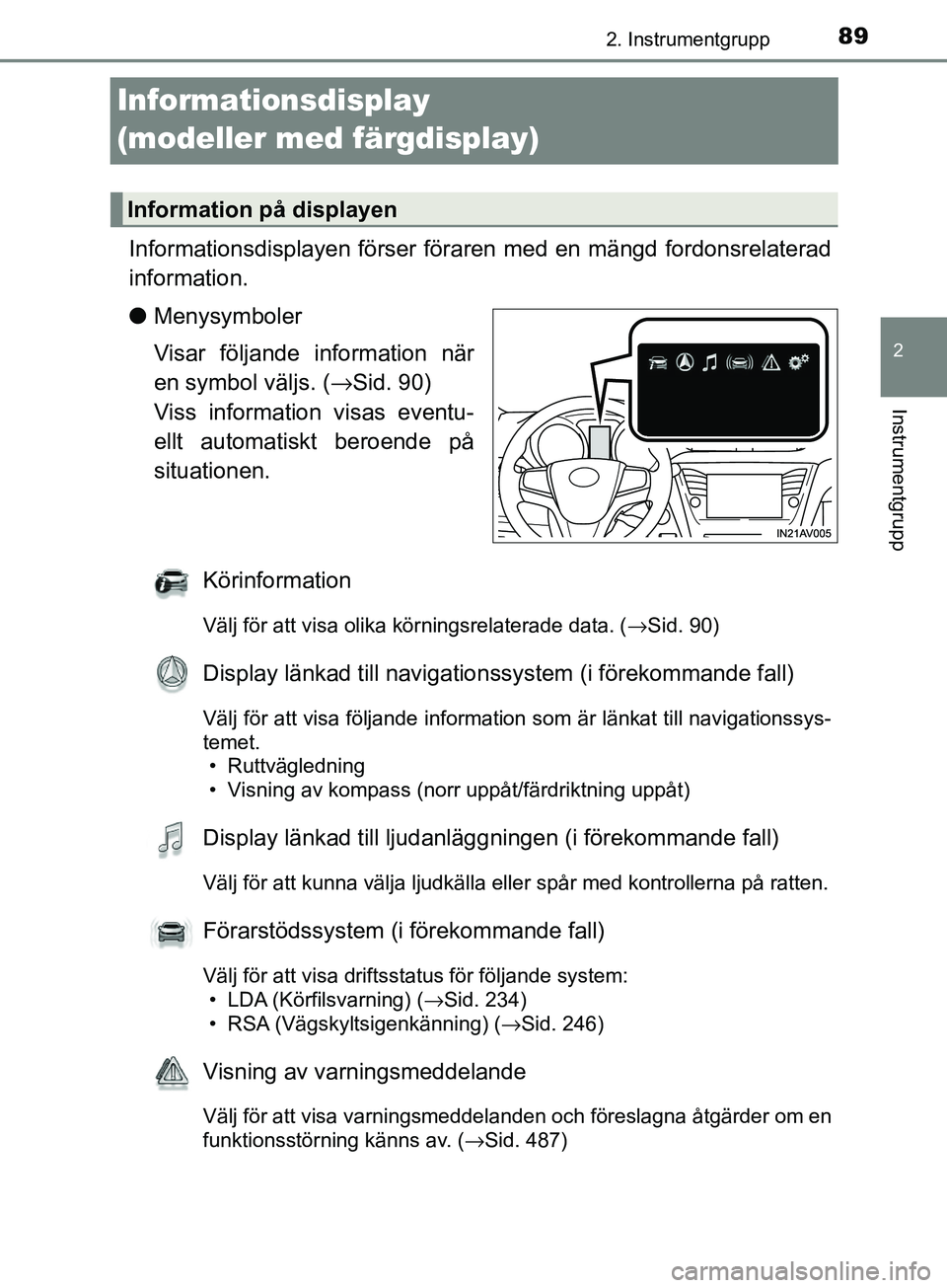 TOYOTA AVENSIS 2018  Bruksanvisningar (in Swedish) 89
2
2. Instrumentgrupp
Instrumentgrupp
AVENSIS_OM20C79SE
Informationsdisplay 
(modeller med färgdisplay)
Informationsdisplayen förser föraren med en mängd fordonsrelaterad
information.
lMenysymbo
