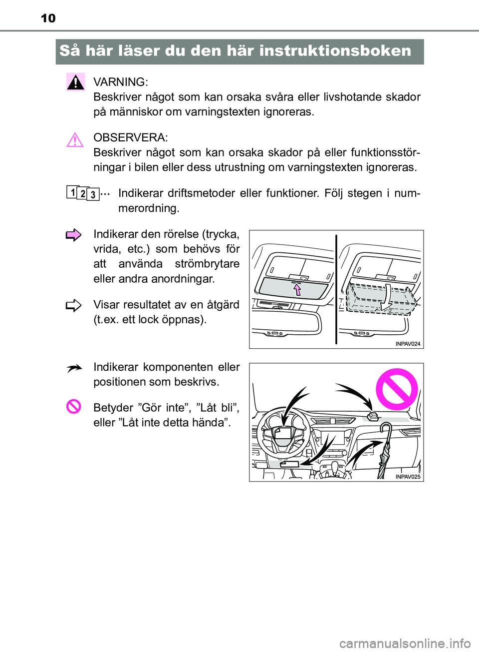 TOYOTA AVENSIS 2018 Bruksanvisningar (in Swedish) 10
AVENSIS_OM20C79SE
Så här läser du den här instruktionsboken
VARNING:
Beskriver något som kan orsaka svåra eller livshotande skador
på människor om varningstexten ignoreras.
OBSERVERA:
Bes TOYOTA AVENSIS 2018 Bruksanvisningar (in Swedish) 10
AVENSIS_OM20C79SE
Så här läser du den här instruktionsboken
VARNING:
Beskriver något som kan orsaka svåra eller livshotande skador
på människor om varningstexten ignoreras.
OBSERVERA:
Bes