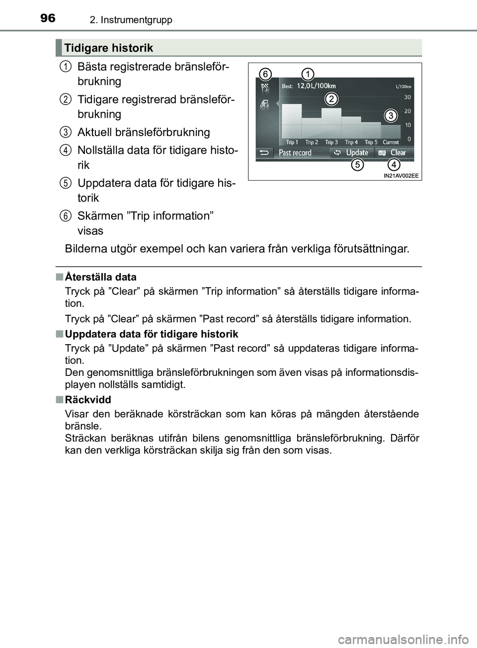 TOYOTA AVENSIS 2018  Bruksanvisningar (in Swedish) 962. Instrumentgrupp
AVENSIS_OM20C79SE
Bästa registrerade bränsleför-
brukning
Tidigare registrerad bränsleför-
brukning
Aktuell bränsleförbrukning
Nollställa data för tidigare histo-
rik
Upp