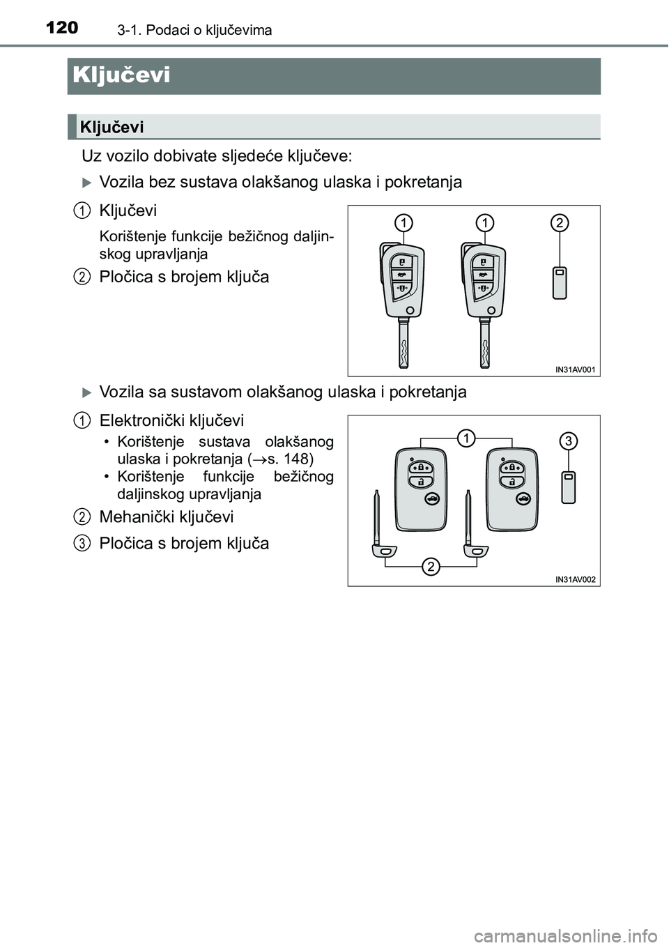 TOYOTA AVENSIS 2015 Upute Za Rukovanje (in Croatian) 1203-1. Podaci o ključevima
Ključevi
Uz vozilo dobivate sljedeće ključeve:
Vozila bez sustava olakšanog ulaska i pokretanja
Ključevi
Korištenje funkcije bežičnog daljin-
skog upravljanja
P TOYOTA AVENSIS 2015 Upute Za Rukovanje (in Croatian) 1203-1. Podaci o ključevima
Ključevi
Uz vozilo dobivate sljedeće ključeve:
Vozila bez sustava olakšanog ulaska i pokretanja
Ključevi
Korištenje funkcije bežičnog daljin-
skog upravljanja
P