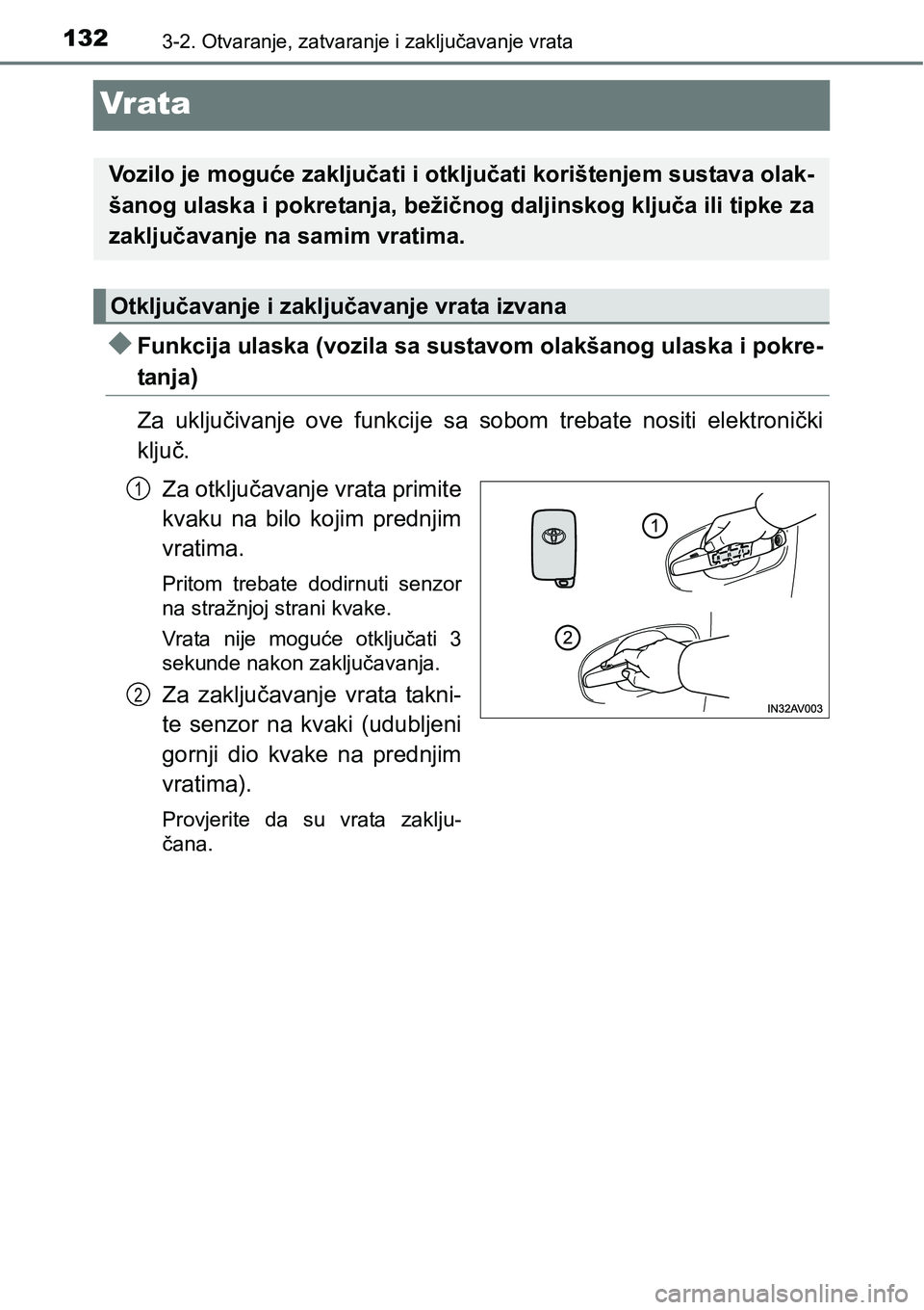TOYOTA AVENSIS 2015 Upute Za Rukovanje (in Croatian) 1323-2. Otvaranje, zatvaranje i zaključavanje vrata
Vr ata
Funkcija ulaska (vozila sa sustavom olakšanog ulaska i pokre-
tanja)
Za uključivanje ove funkcije sa sobom trebate nositi elektronički TOYOTA AVENSIS 2015 Upute Za Rukovanje (in Croatian) 1323-2. Otvaranje, zatvaranje i zaključavanje vrata
Vr ata
Funkcija ulaska (vozila sa sustavom olakšanog ulaska i pokre-
tanja)
Za uključivanje ove funkcije sa sobom trebate nositi elektronički