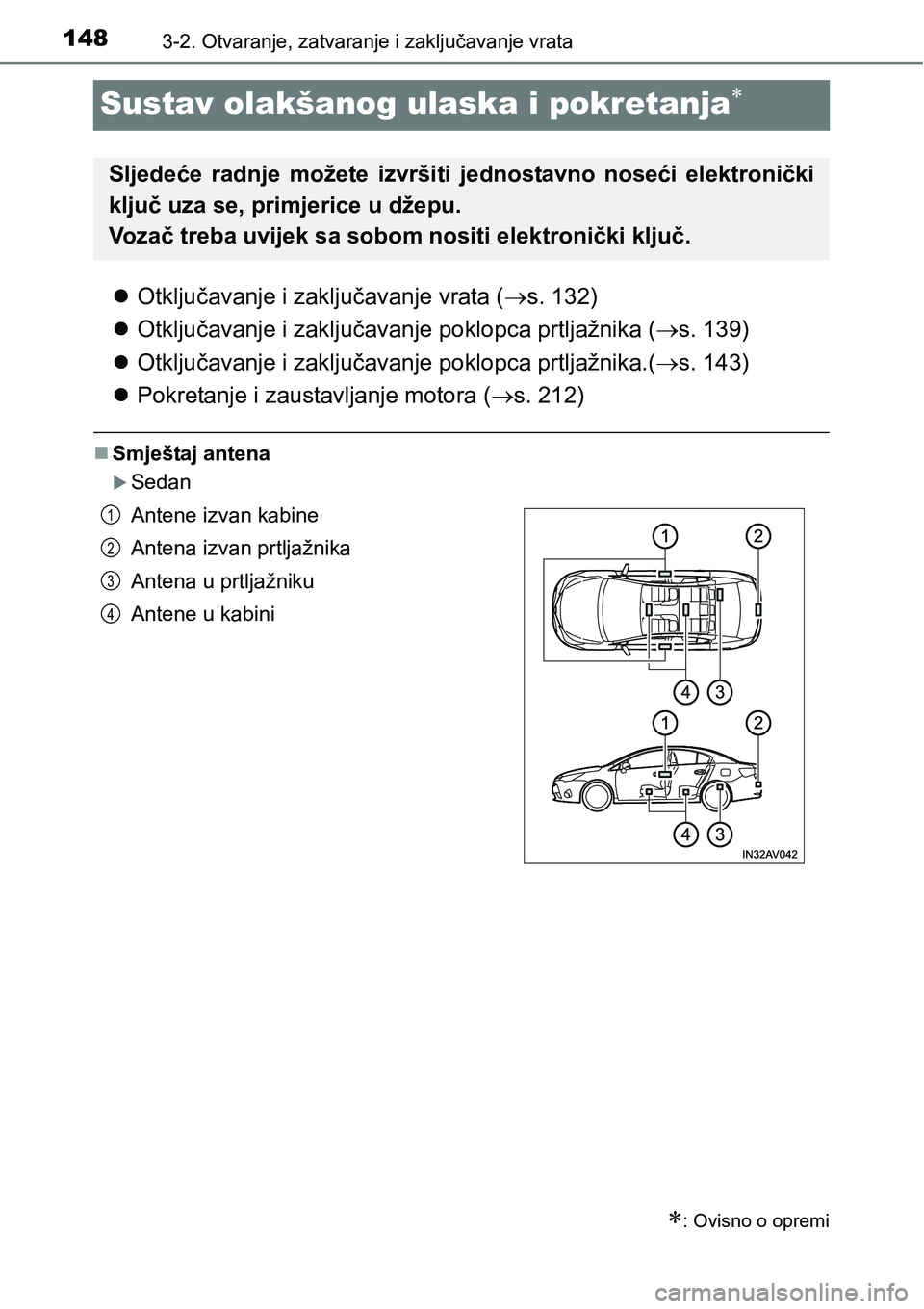 TOYOTA AVENSIS 2015 Upute Za Rukovanje (in Croatian) 1483-2. Otvaranje, zatvaranje i zaključavanje vrata
Sustav olakšanog ulaska i pokretanja
Otključavanje i zaključavanje vrata (s. 132)
Otključavanje i zaključavanje poklopca prtljažn TOYOTA AVENSIS 2015 Upute Za Rukovanje (in Croatian) 1483-2. Otvaranje, zatvaranje i zaključavanje vrata
Sustav olakšanog ulaska i pokretanja
Otključavanje i zaključavanje vrata (s. 132)
Otključavanje i zaključavanje poklopca prtljažn