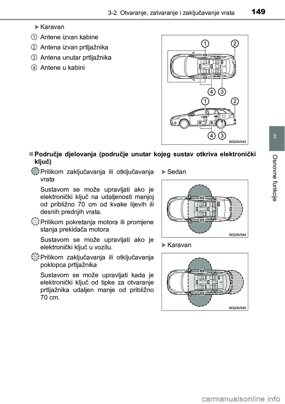TOYOTA AVENSIS 2015 Upute Za Rukovanje (in Croatian) 1493-2. Otvaranje, zatvaranje i zaključavanje vrata
3
Osnovne funkcije
Karavan
Područje djelovanja (područje unutar kojeg sustav otkriva elektronički
ključ) Antene izvan kabine
Antena izvan TOYOTA AVENSIS 2015 Upute Za Rukovanje (in Croatian) 1493-2. Otvaranje, zatvaranje i zaključavanje vrata
3
Osnovne funkcije
Karavan
Područje djelovanja (područje unutar kojeg sustav otkriva elektronički
ključ) Antene izvan kabine
Antena izvan